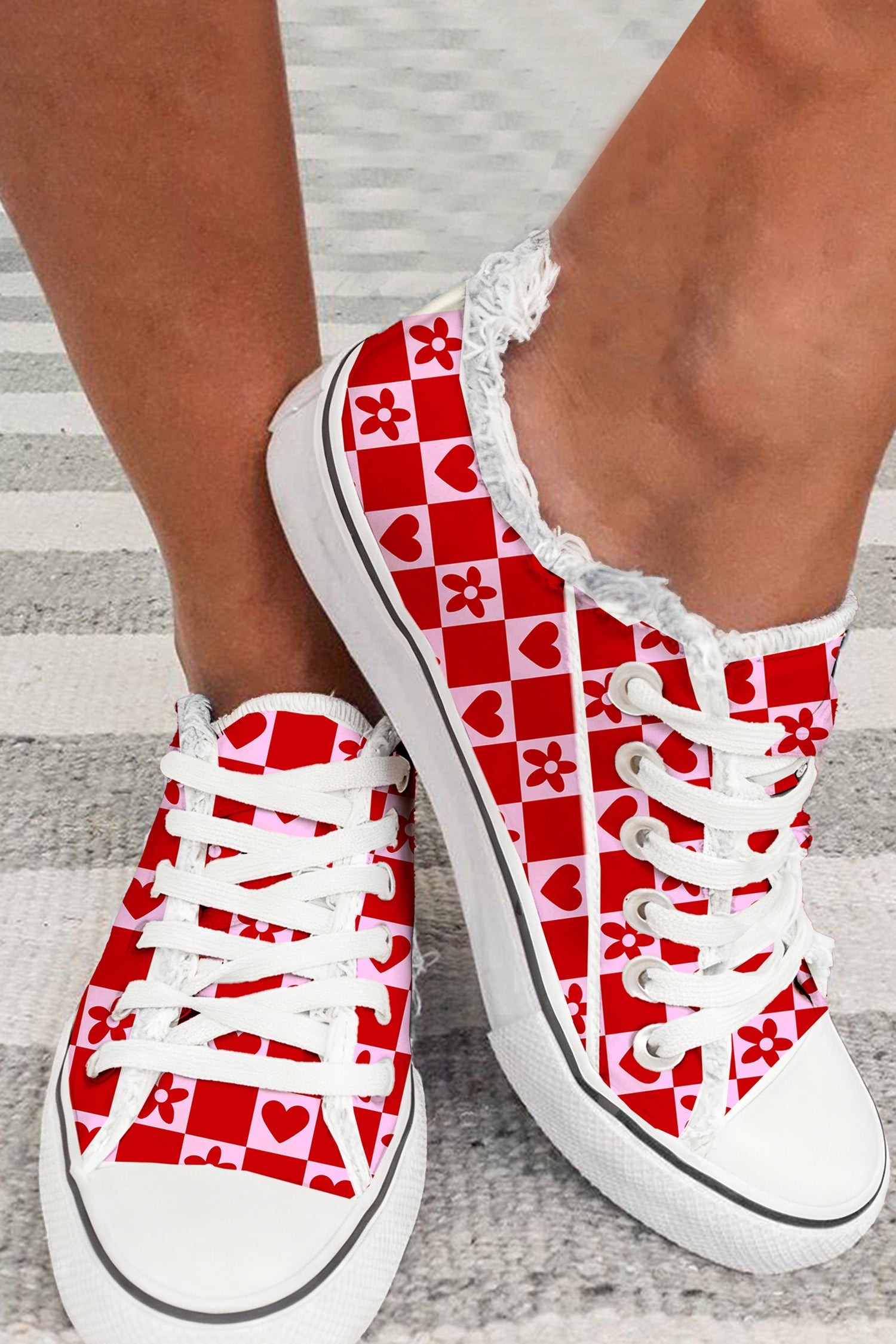 Flower Heart Checkered Print Frayed Trim Lace-up Flat Shoes