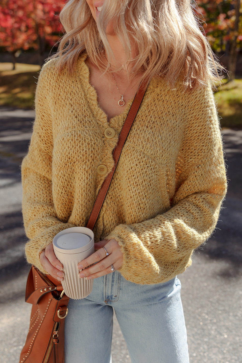 Scallop Lantern Sleeve V-Neck Button-Front Cropped Cardigan