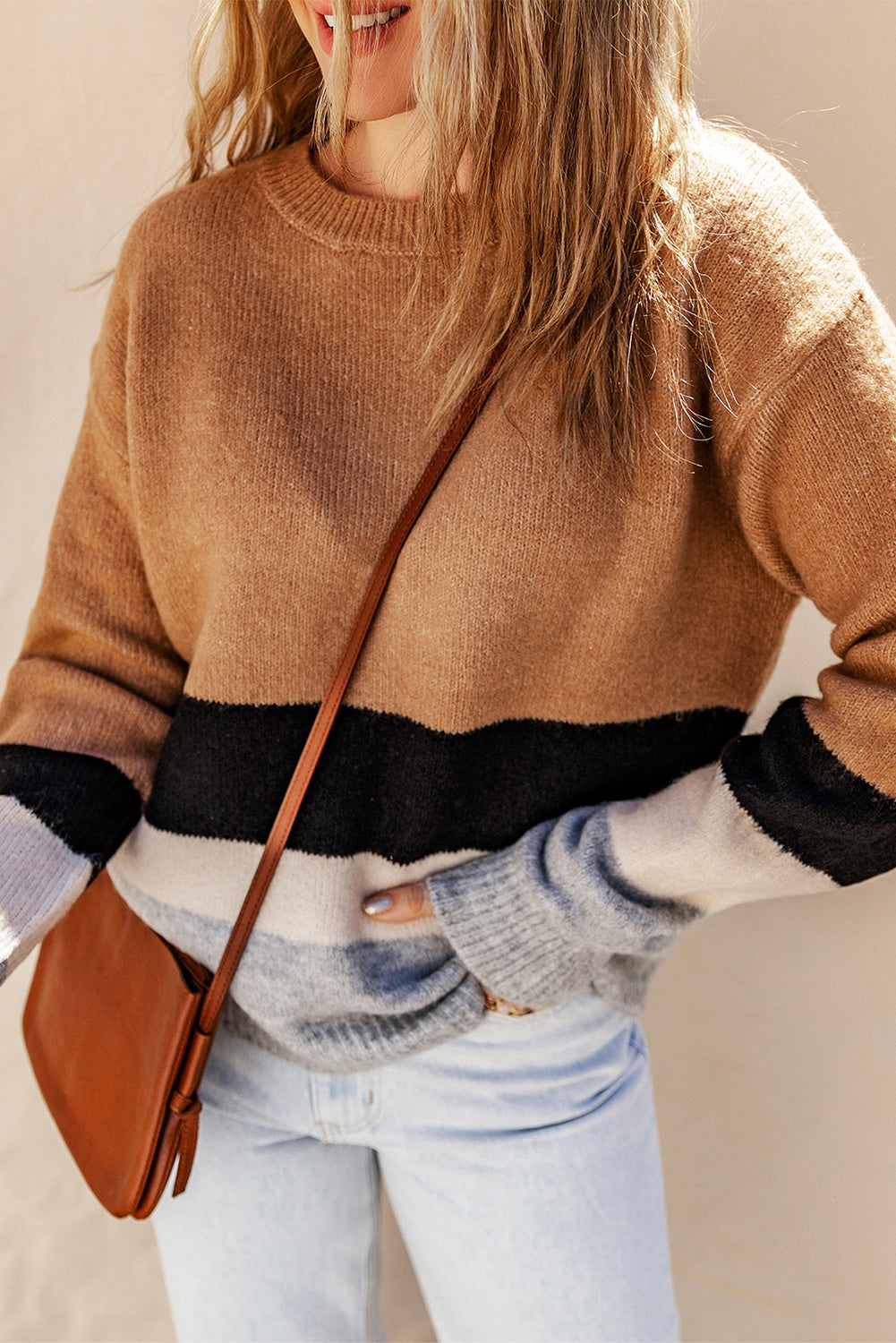 Women's Knit Sweater with Striped Rib-Knitted