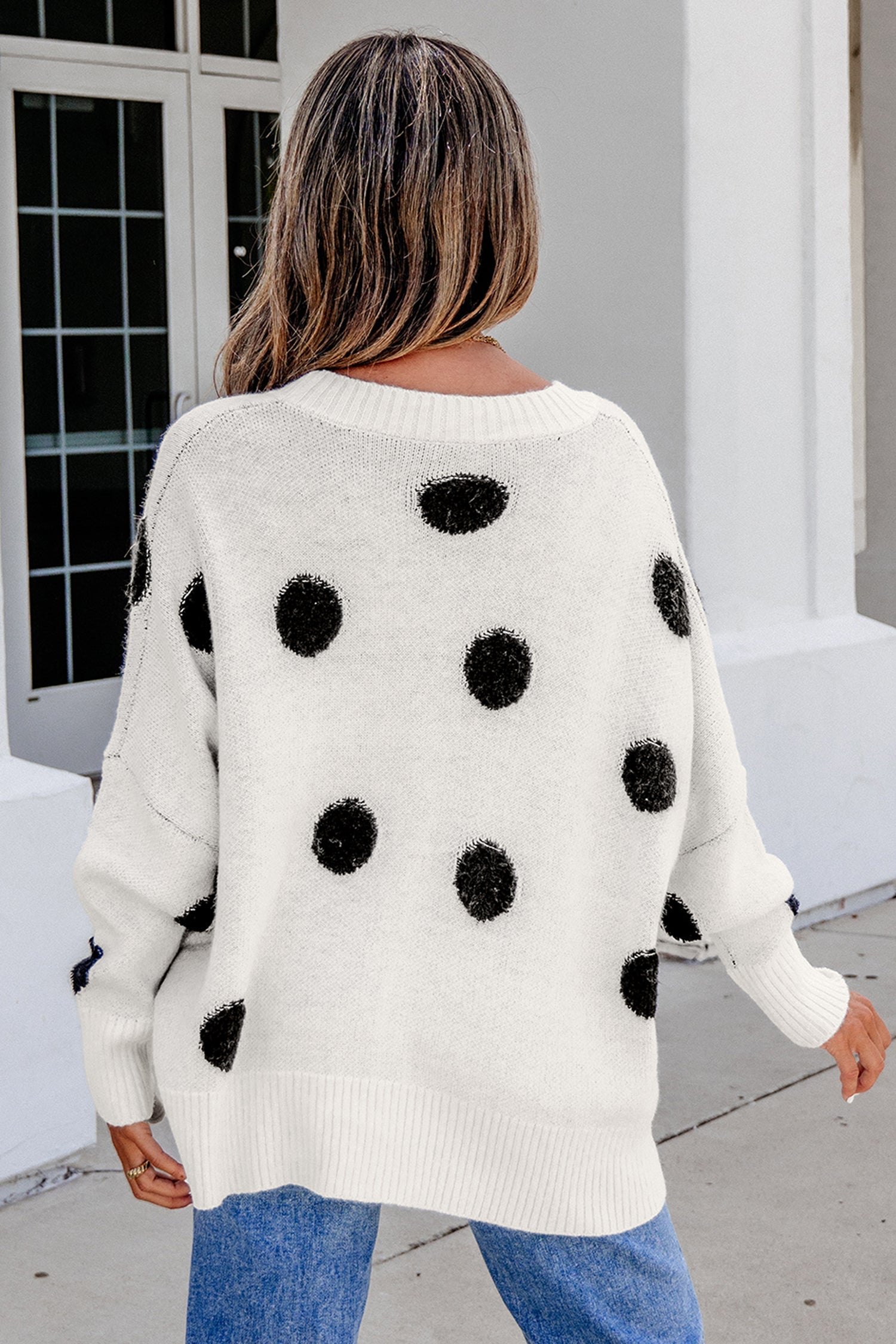 Front Polka-Dot Button Roomy V-Neck Cardigan in Beige