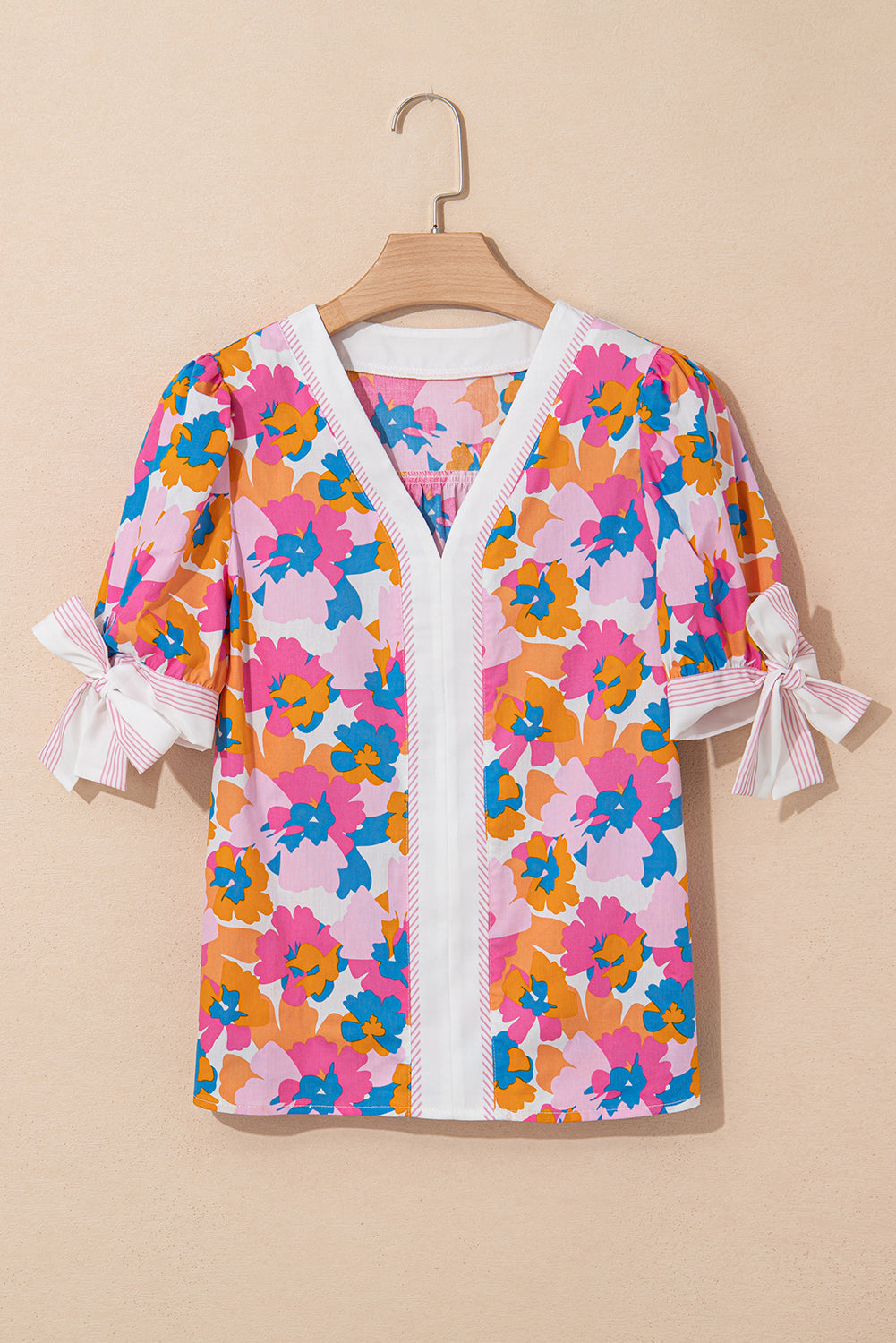 Floral Colorblock Striped Edge V-Neck Knotted Short-Sleeved Blouse