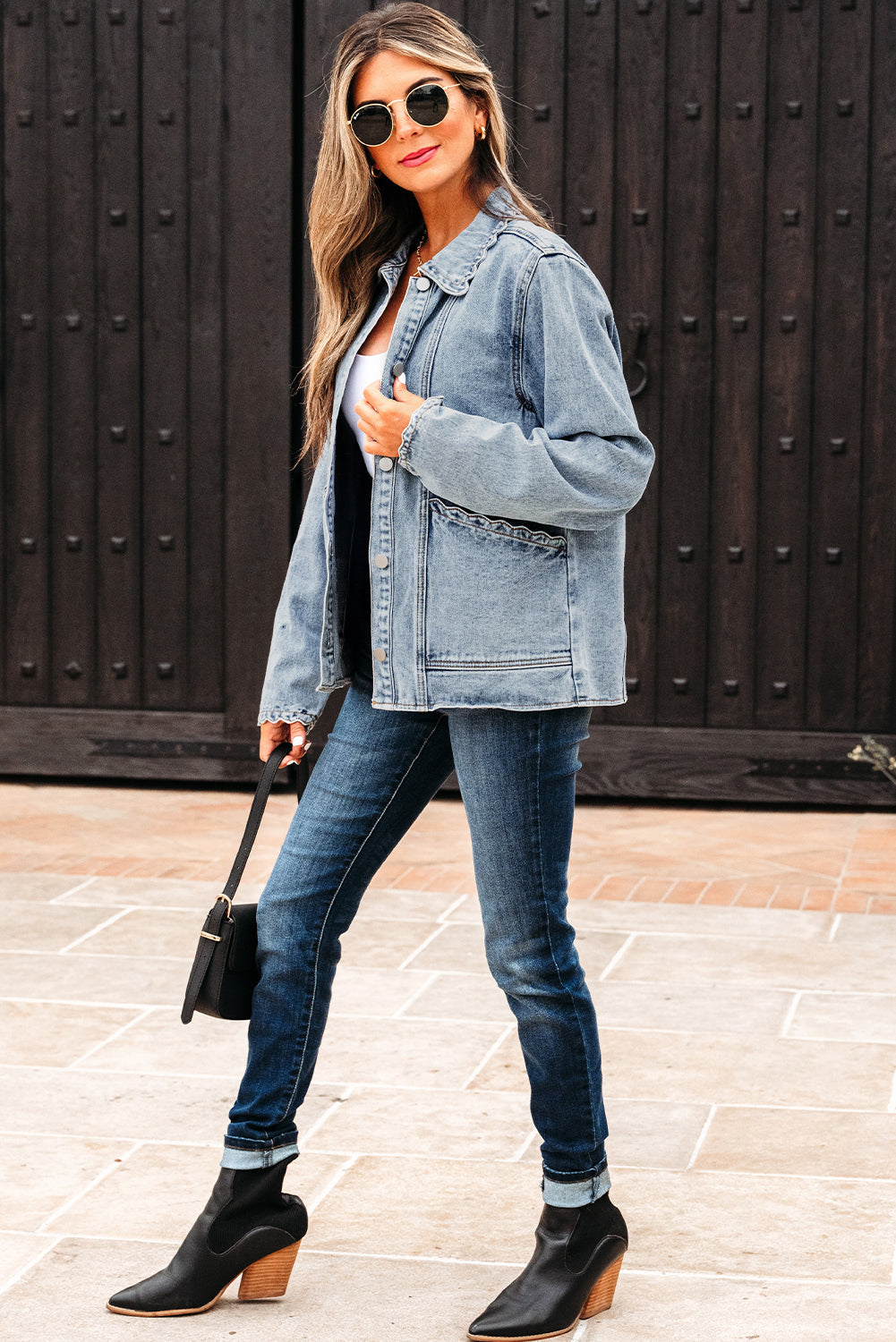 Scallop Patched Trim Collar Pocket Button-Front Denim Jacket