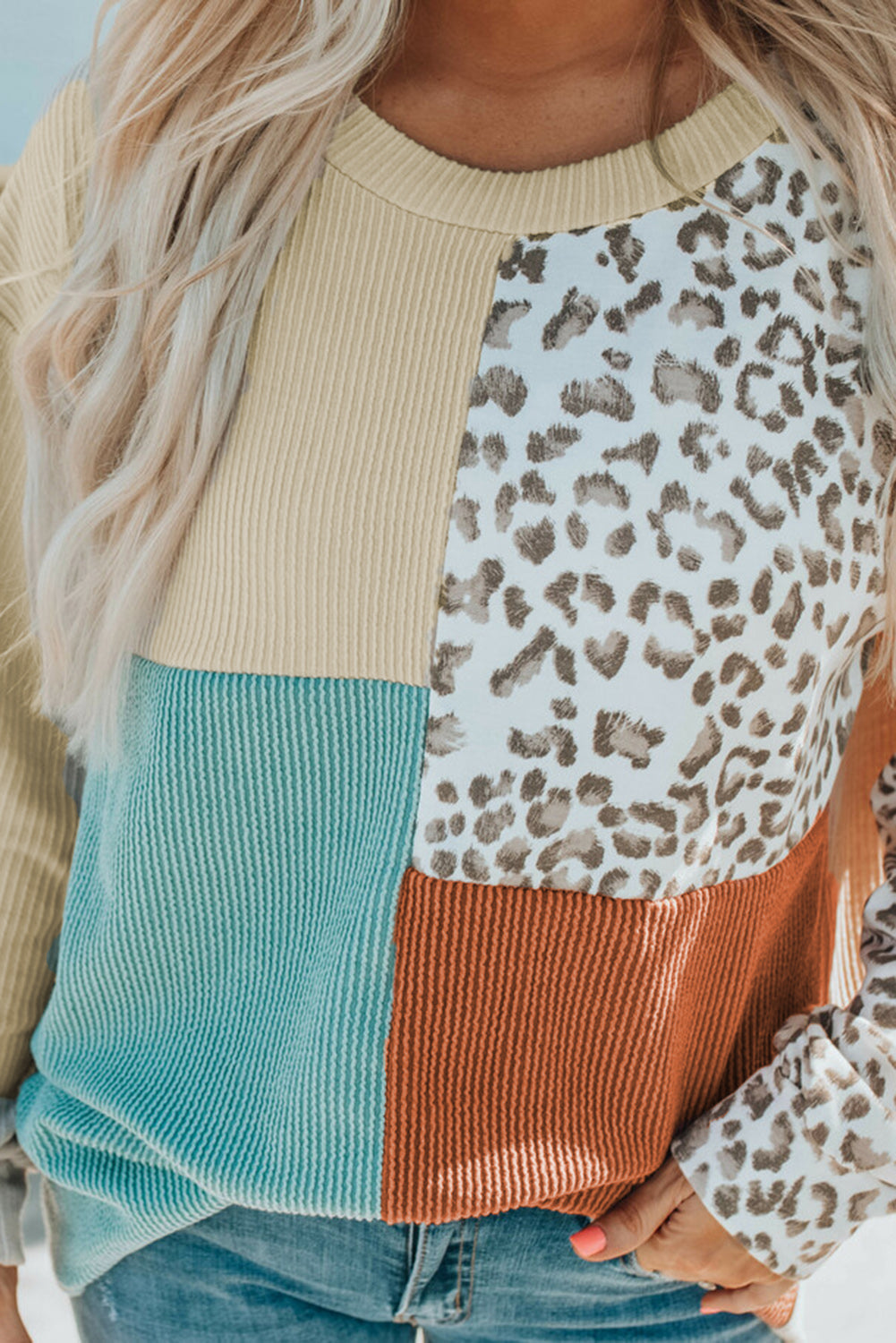 Women's Patchwork Rib-Knitted Long-Sleeve Top