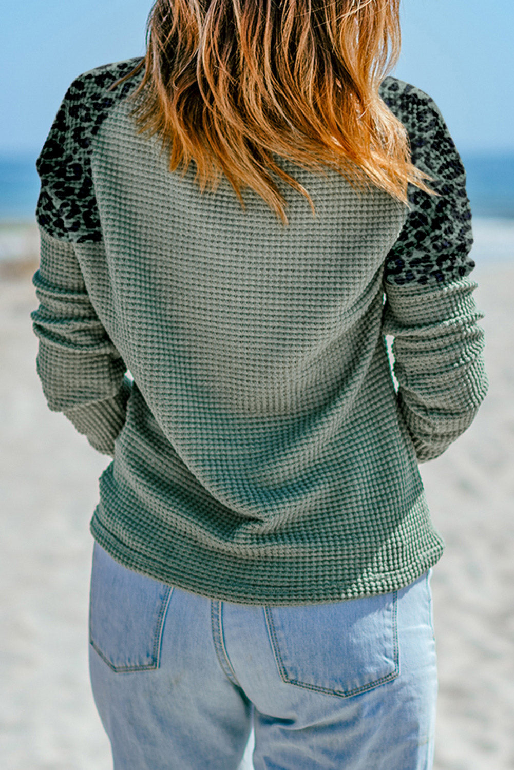 Blouse for Women Leopard-Print Waffle Knitted V Neck