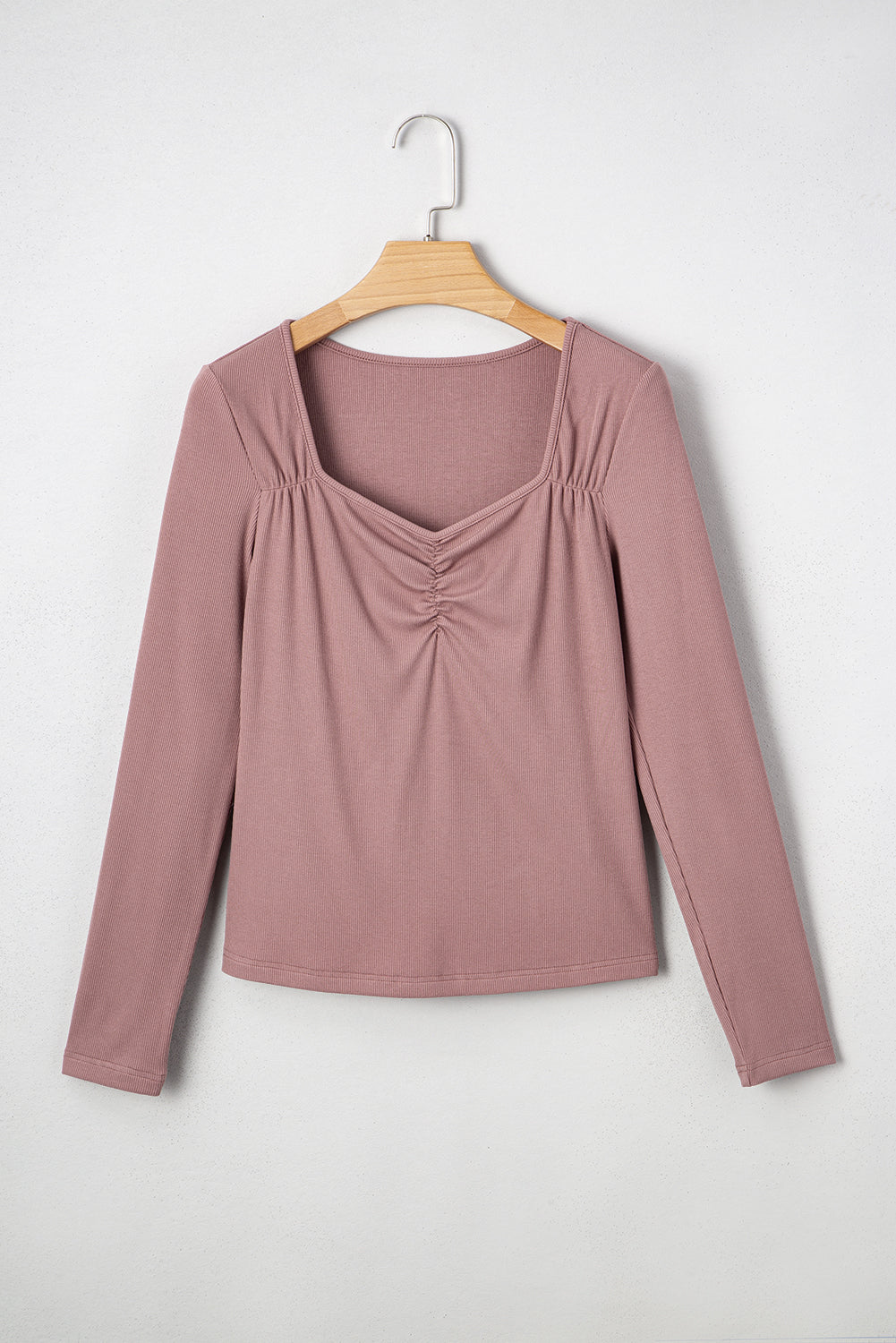 Gathered Bust Square Neck Rib-Knit Fit Long-Sleeved Top
