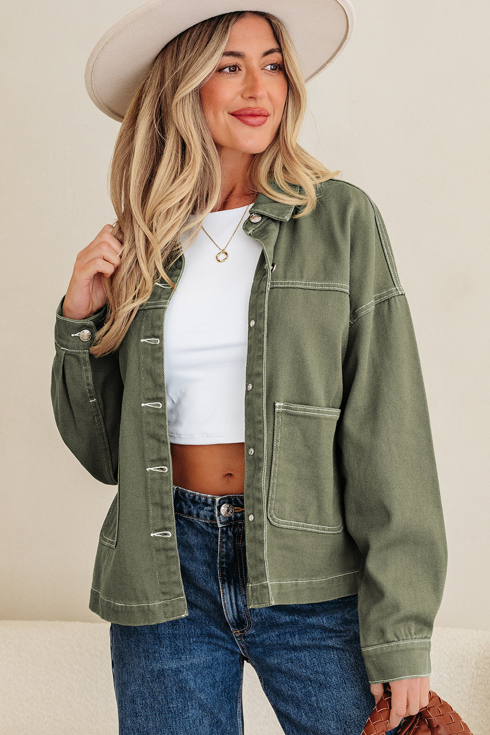 Collared Patched Pocket Button Front Boyfriend Denim Jacket