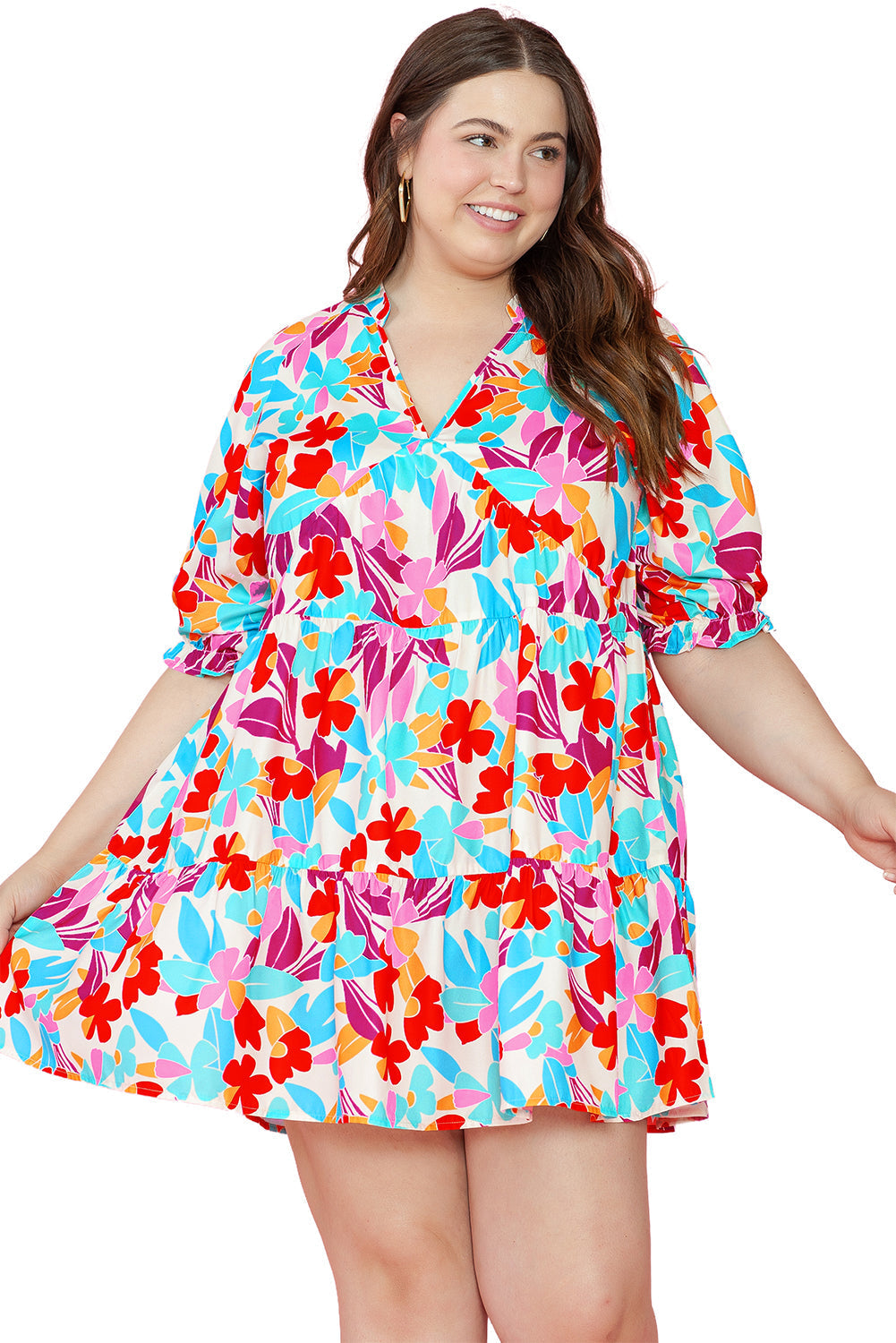 Women's Dress with Plus Floral-Print Layered V Neck