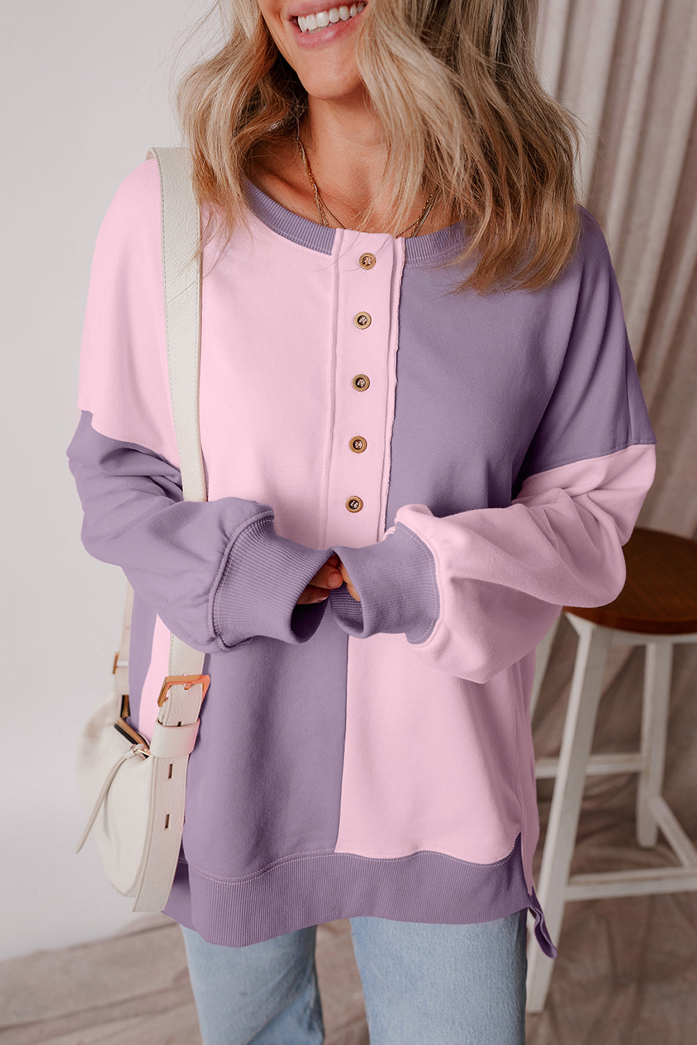 Colorblock Henley High Low Oversize Sweatshirt Style