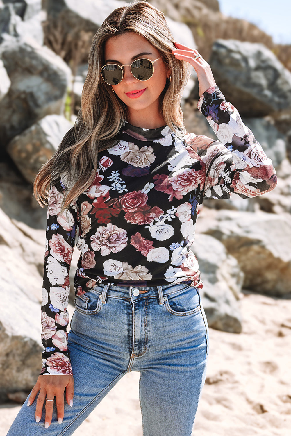Mesh Floral Print Mock Neck Long Sleeve Slim Top