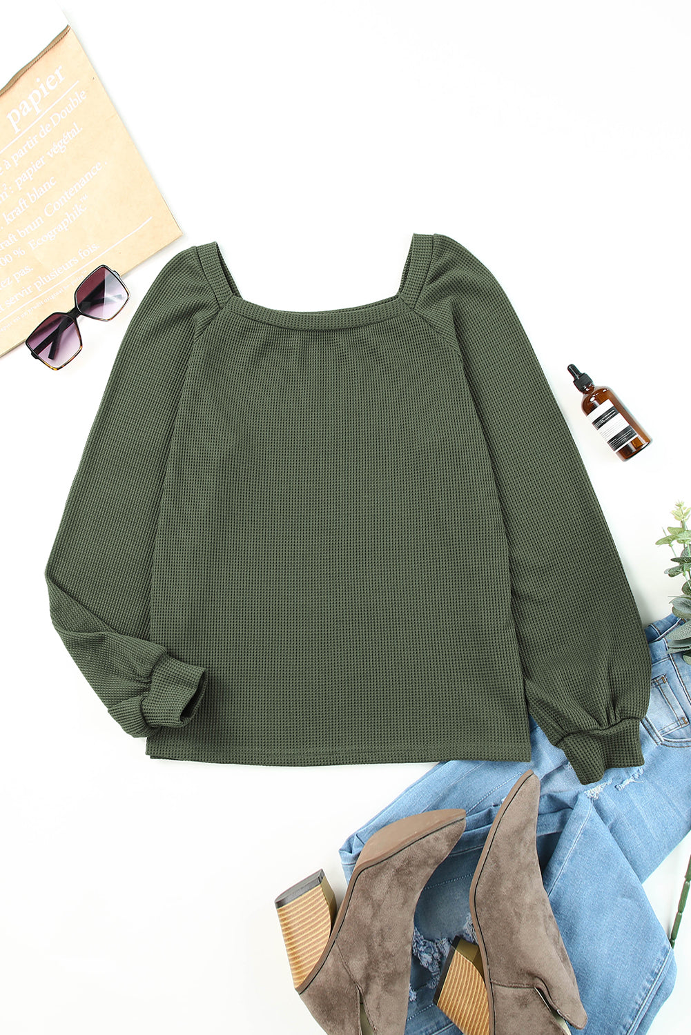 Women's Knit Top with Balloon Sleeve Waffle