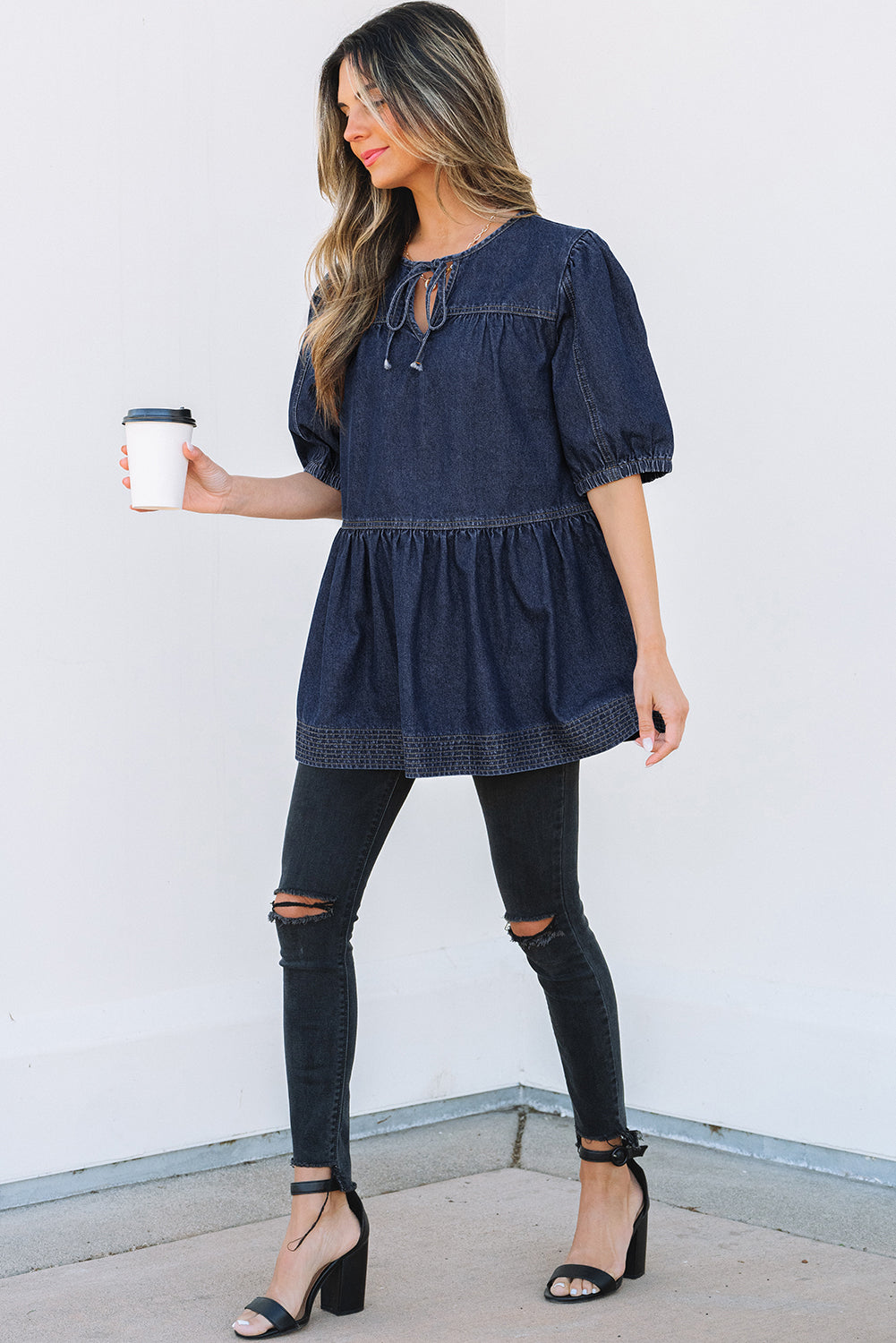 Lace-up Neckline Splicing Denim Blouse