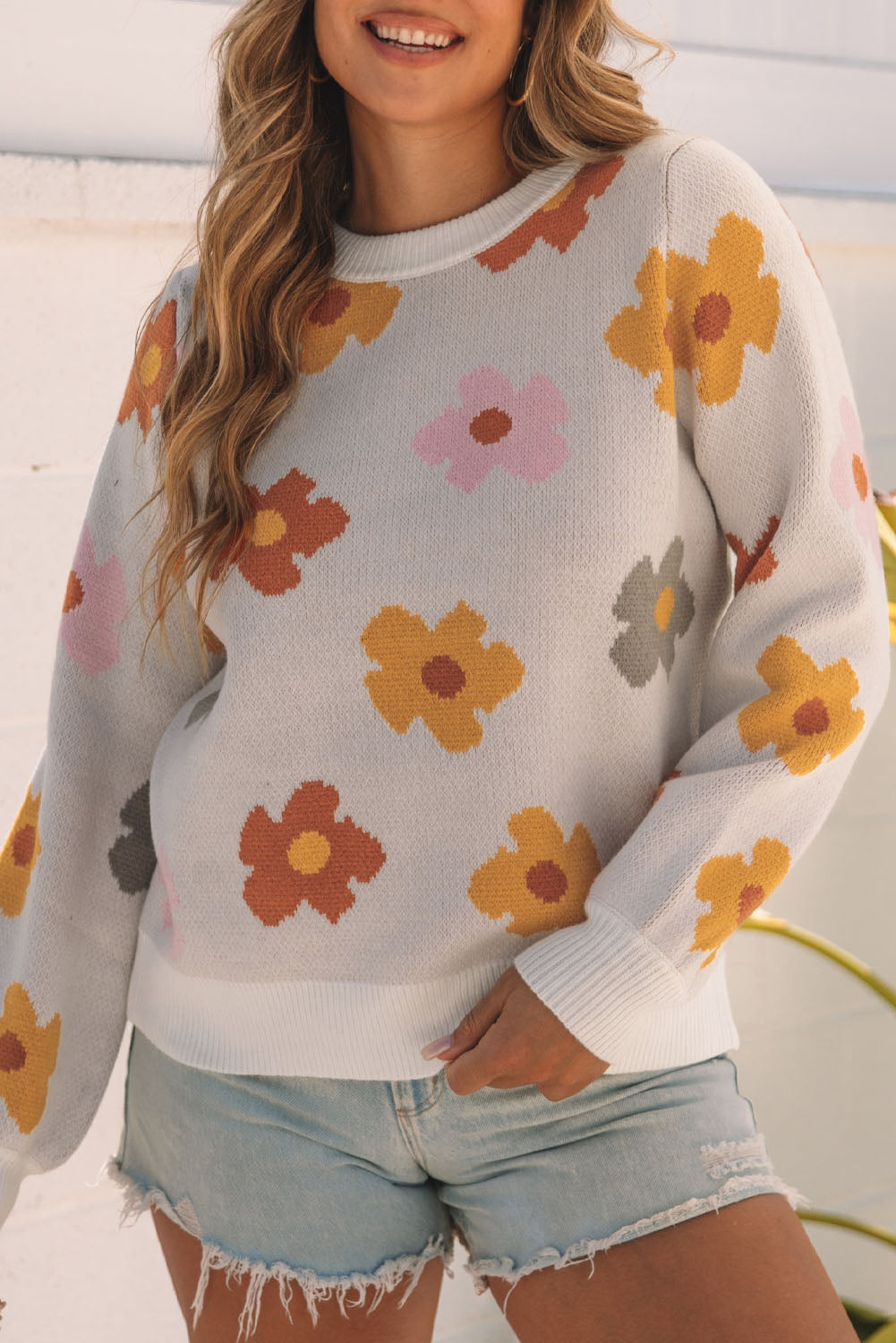 Women's Sweater with Rib-Knitted Hem Sweet Knitted