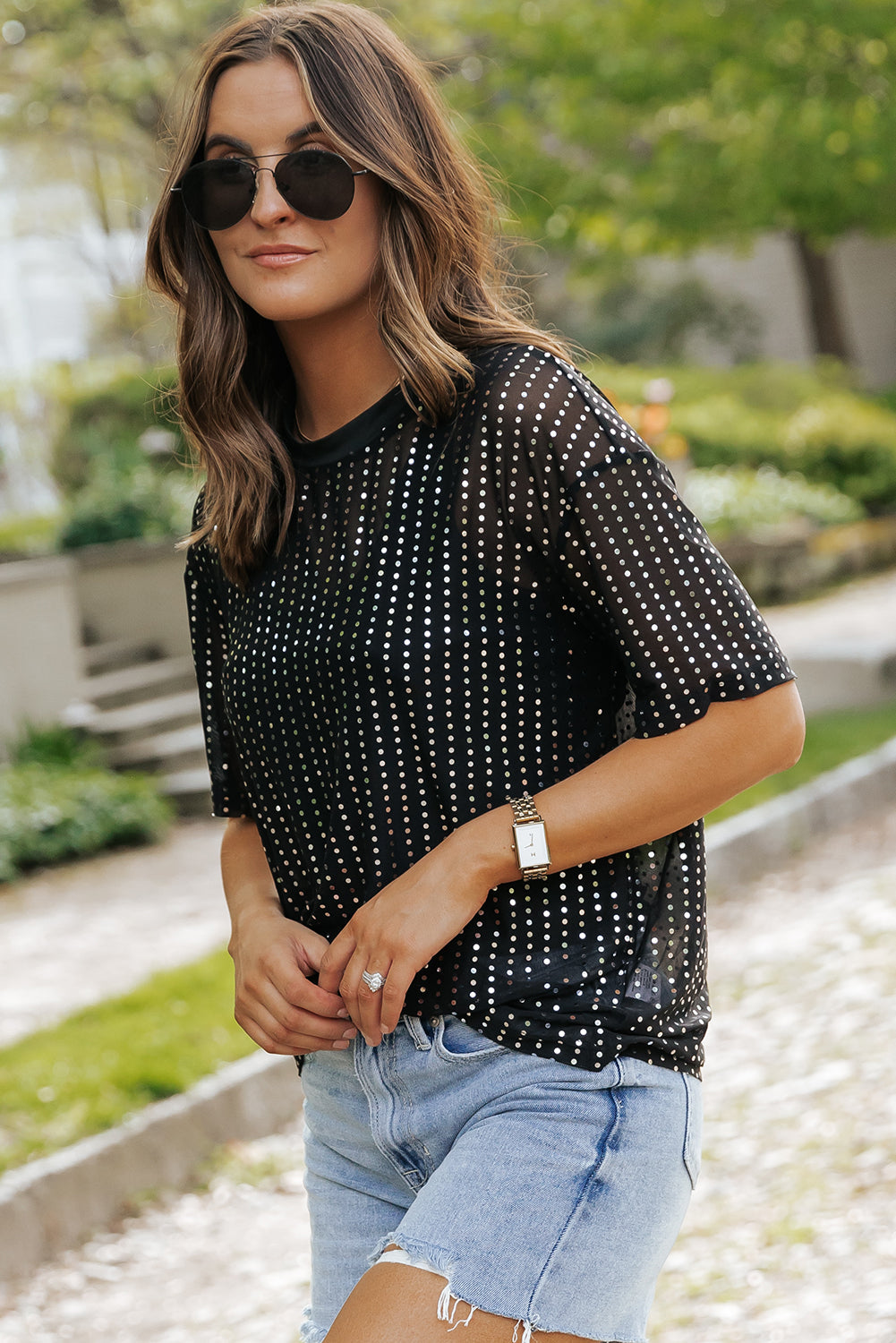 Women's T-shirt with Dropped-Shoulder Semi-Sheer
