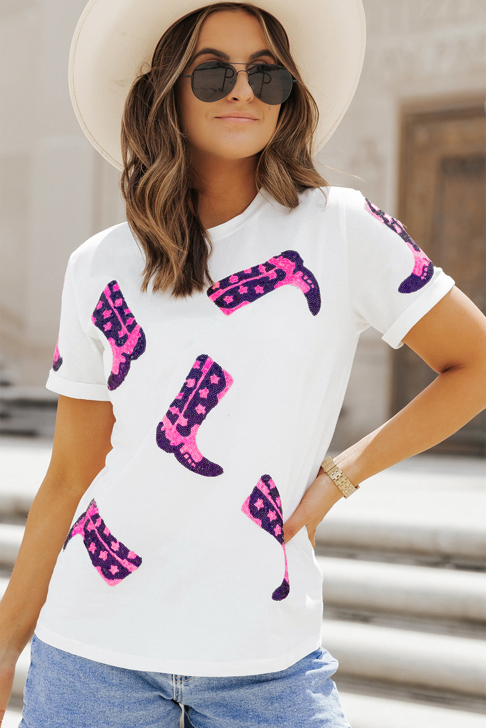 Women's T Shirt Featuring Neck Sequin Western Boots Round