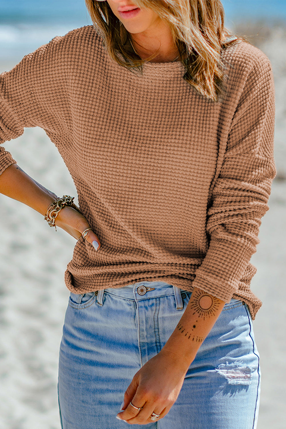Top for Women Long-Sleeve Waffle Dropped-Shoulder