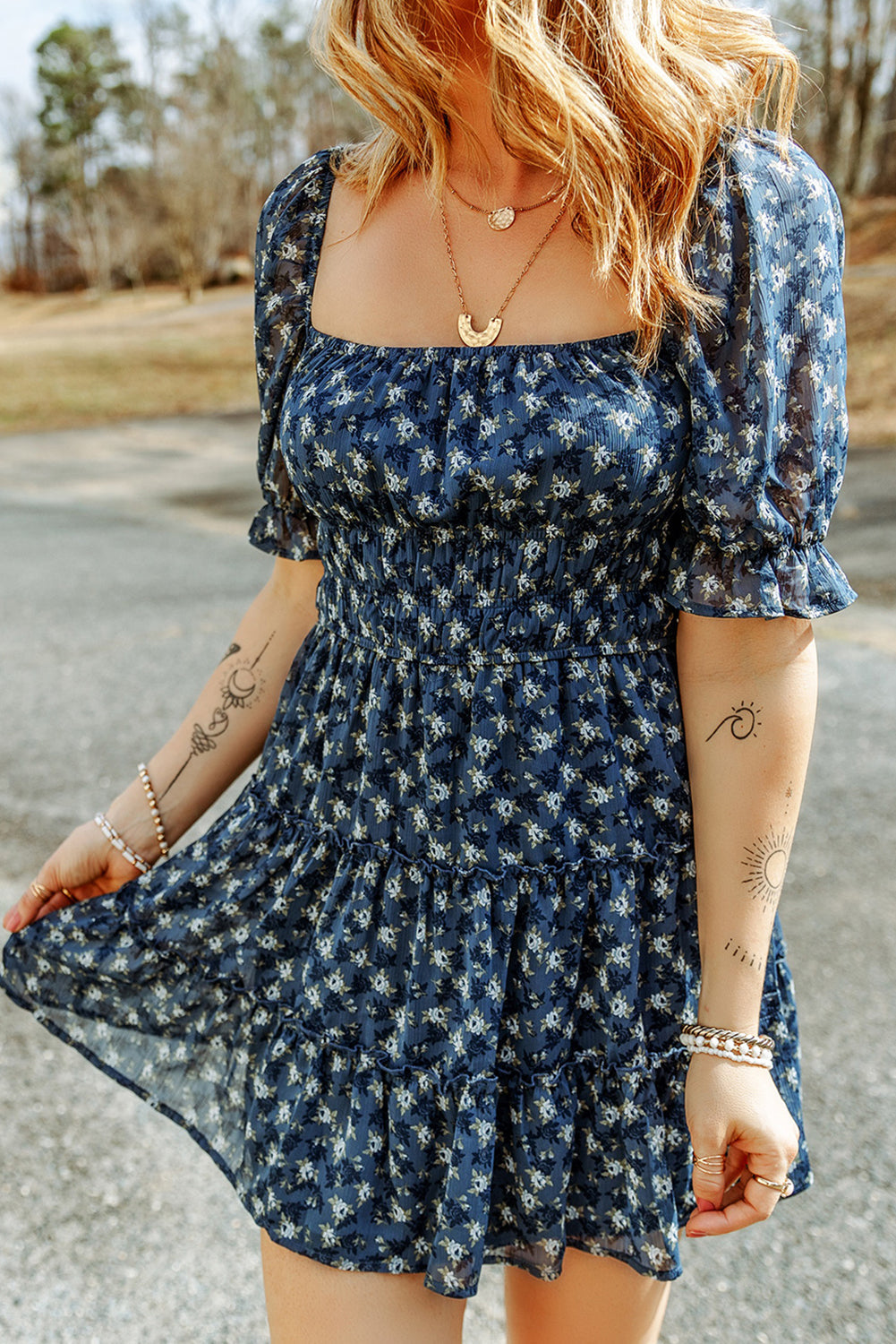 Women's Dresses with Floral-Print Shirred Layered