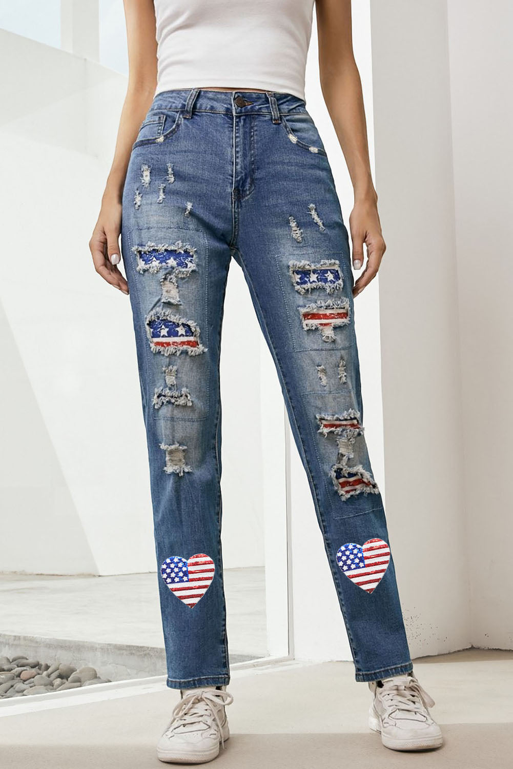 Women's Jeans Featuring Heart-shape American Flag Patch Frayed