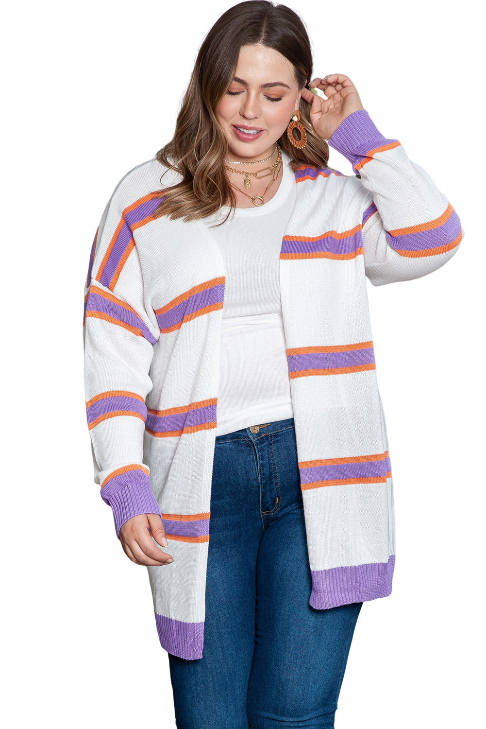 Women's Plus Size Striped Sweater Cardigan