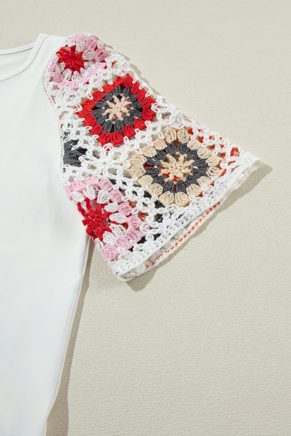 Women's Top with Crochet Short-Sleeve Floral-Print