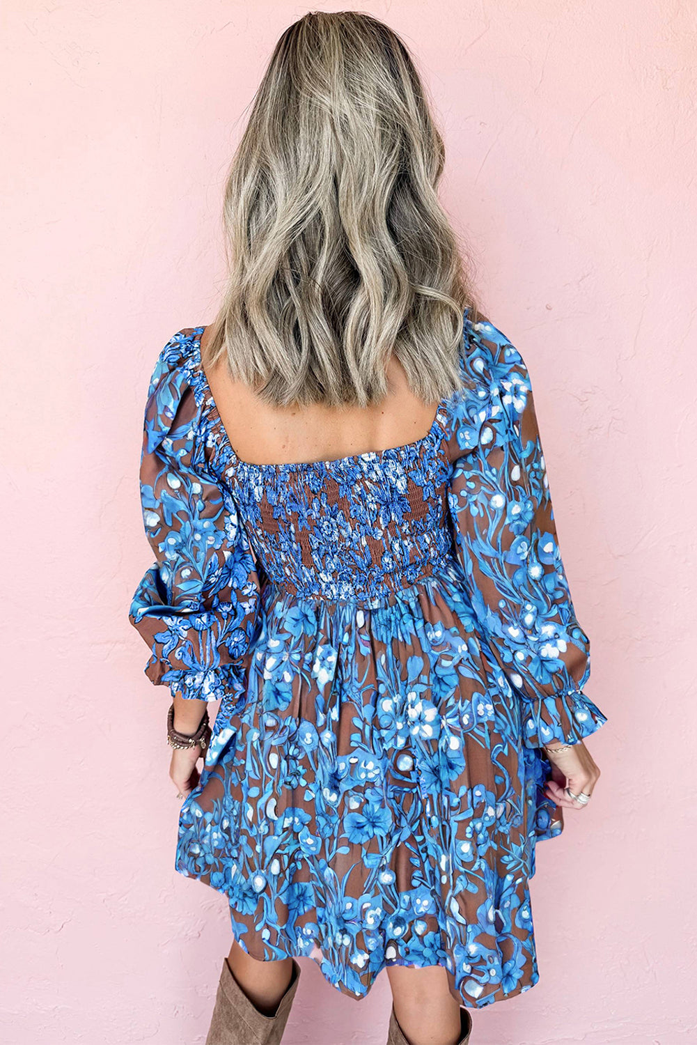 Smocked Bodice High-Waisted Ruffled Sleeve Floral Dress