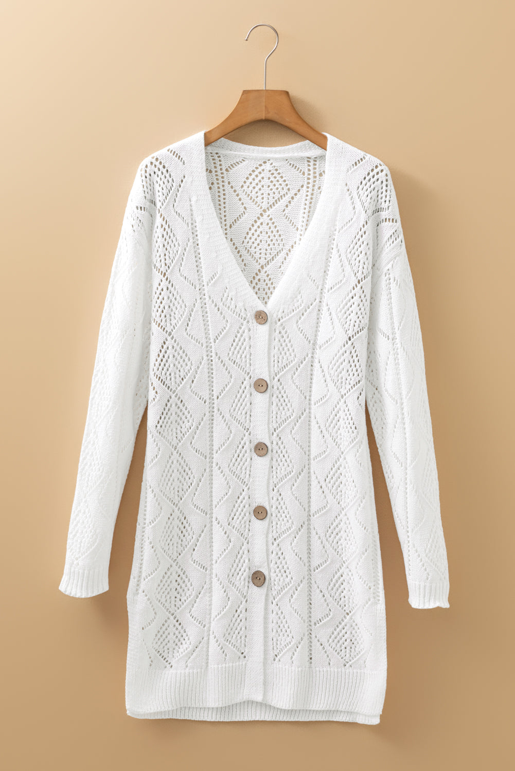 Openwork Knit Hollow-out Knit Cardigan in White