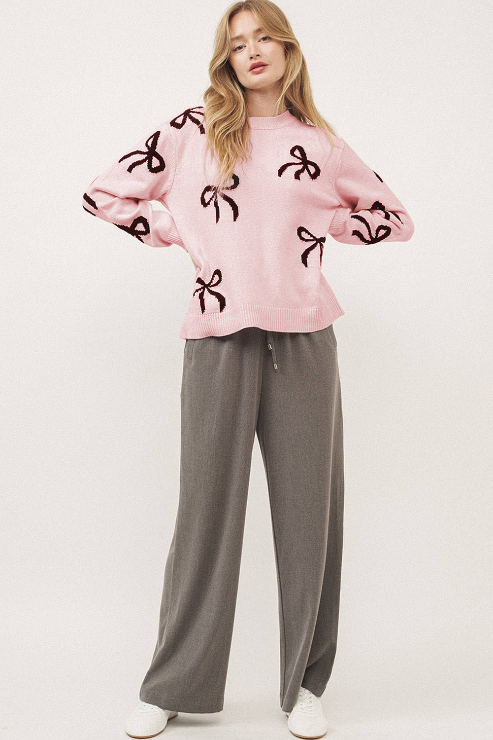 Pink Bow Pattern Knitted Loose Fit Sweater
