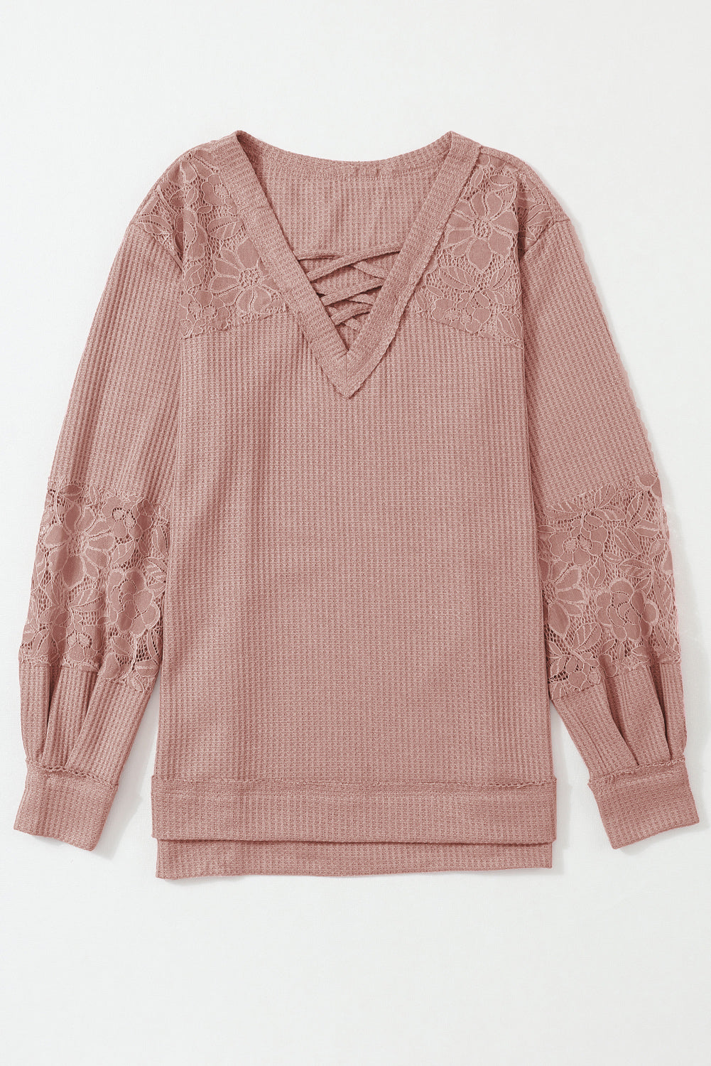 Women's Top with Long-Sleeve Lace-Trimmed Waffle V Neck