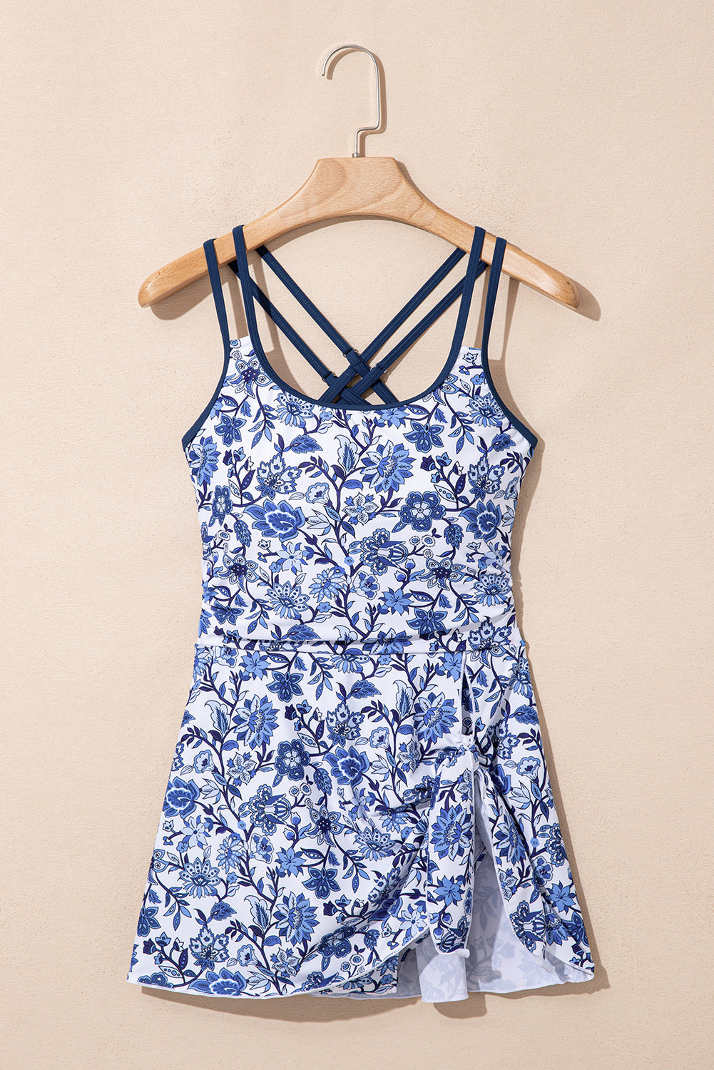 Floral-Print Crossed Back Asymmetric Knot Side One Piece Swimsuit in Sky Blue