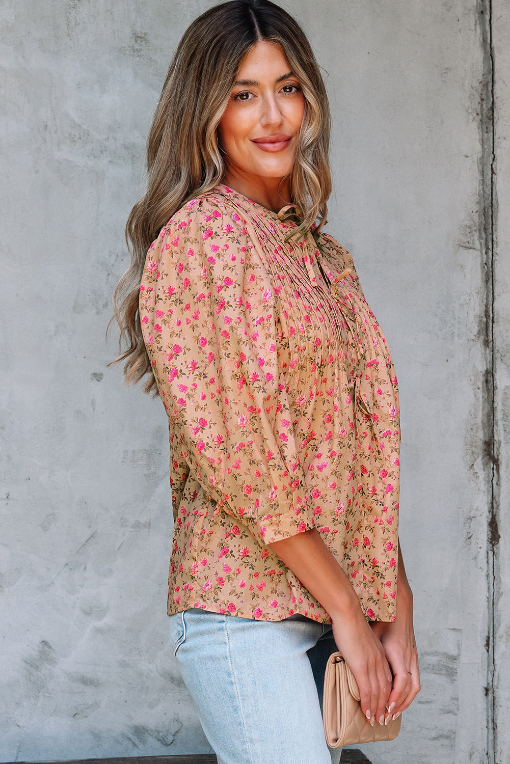 Floral-Print Bow Pintuck Bust Half Puff Sleeve Blouse Top