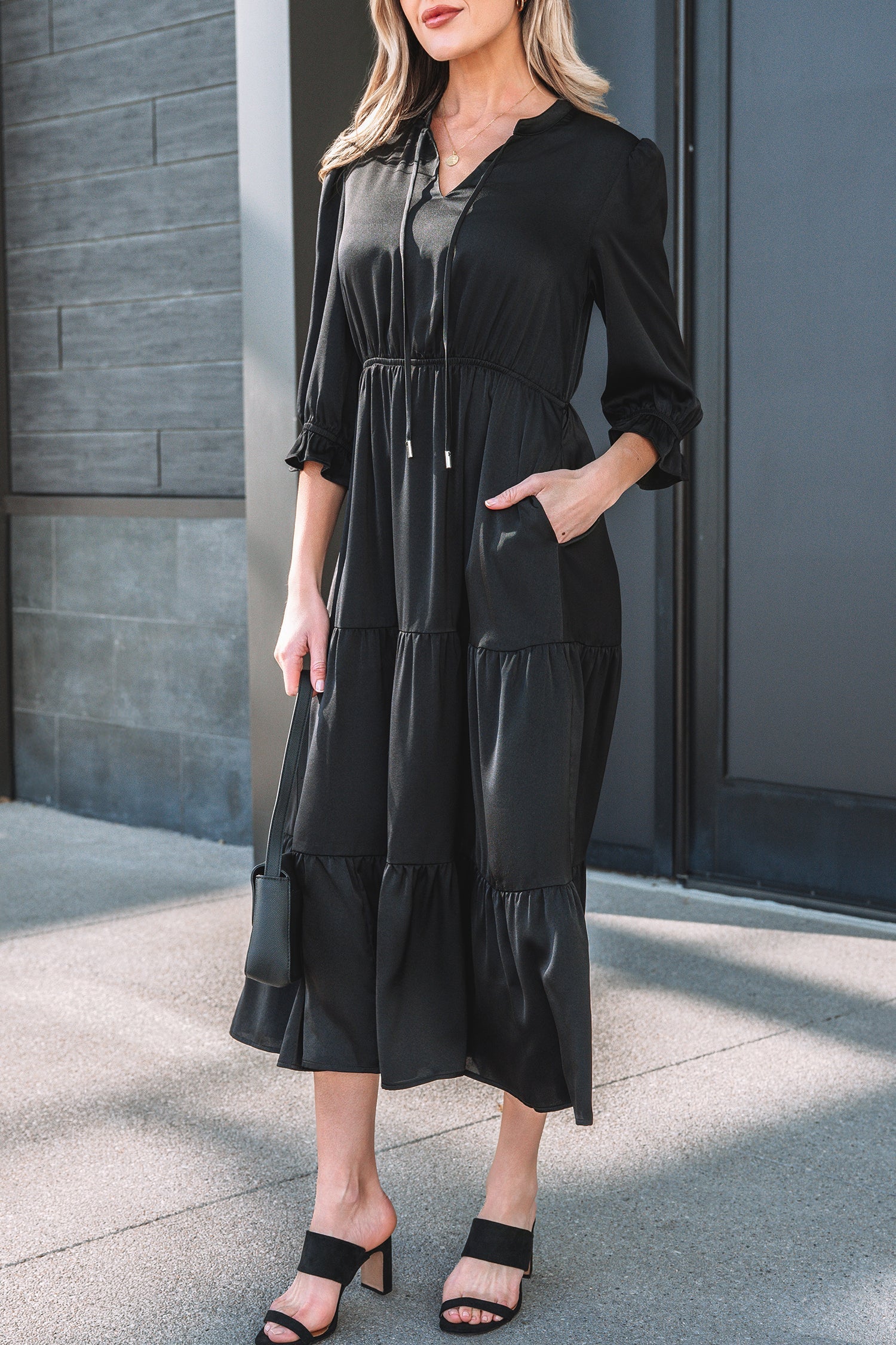 Sleeve Flounced Bracelet V-Neck Tiered Maxi Dress