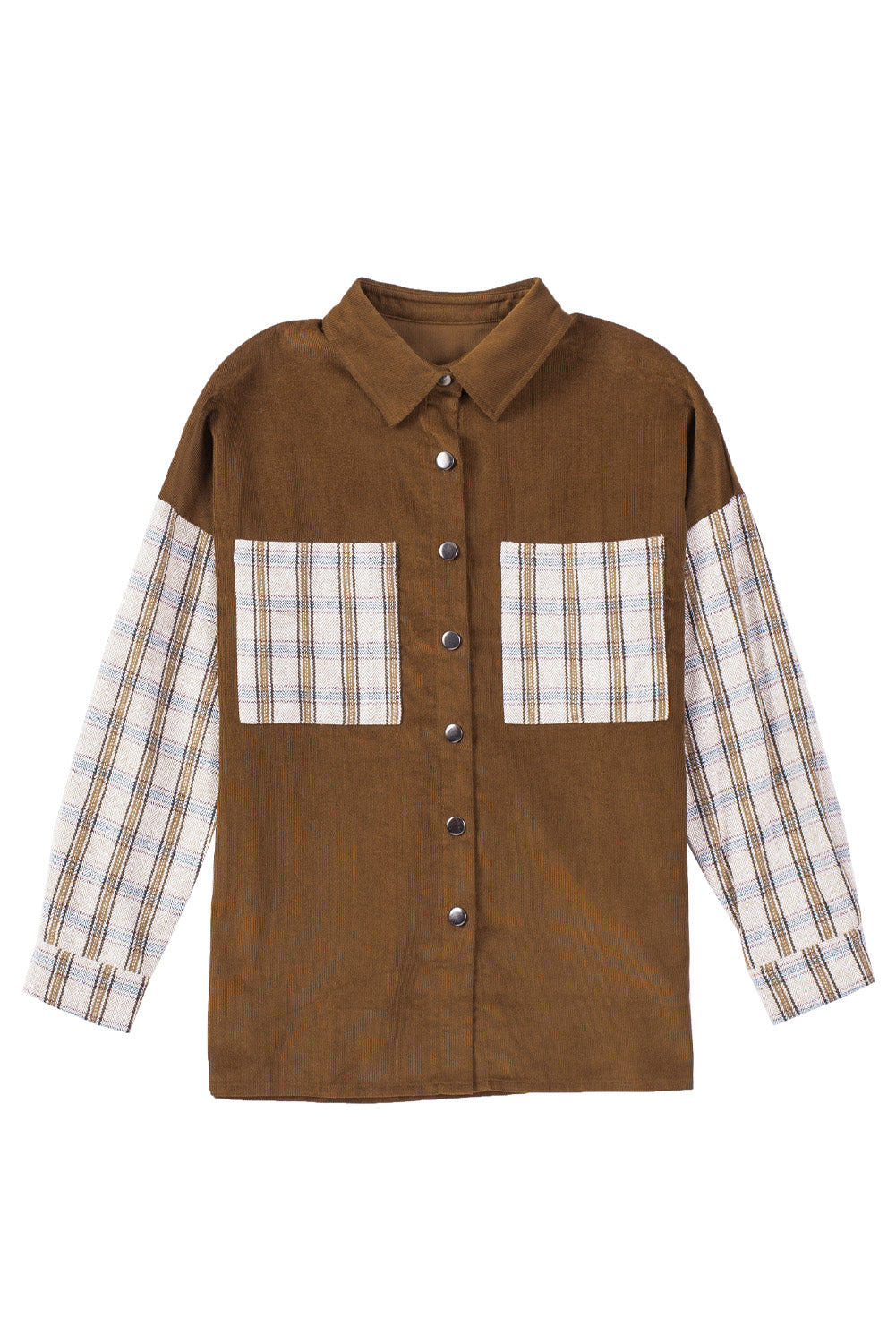 Women's Shirt Jacket Featuring Cord Plaid Patchwork