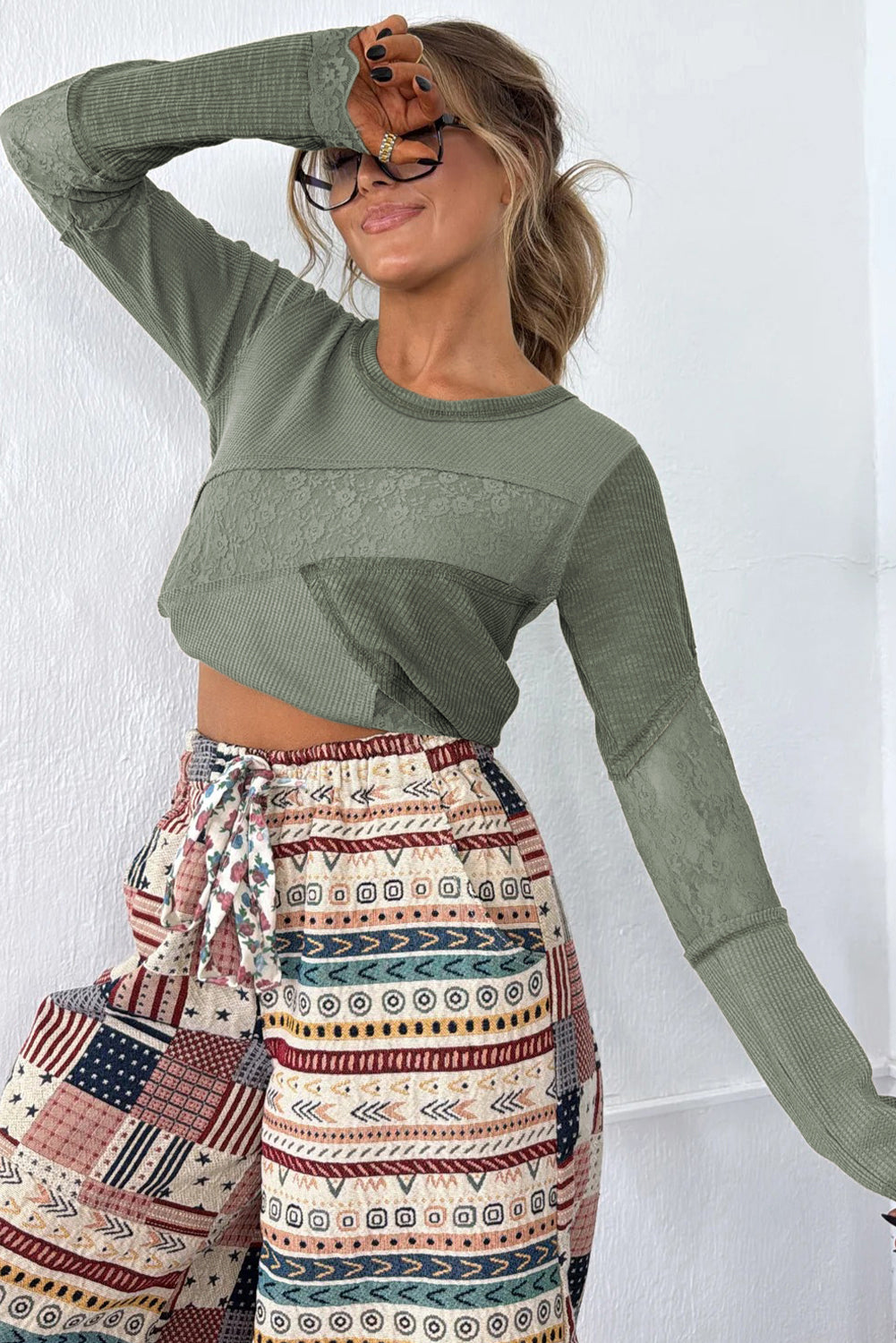 Green Waffle Sage Waffle Rib-Knit Lace Patchwork Long-Sleeved Top