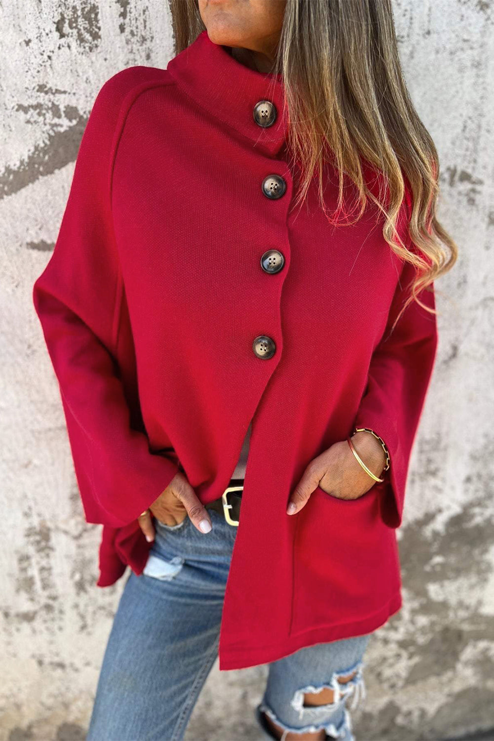 Collared Wrapped Button Front Cardigan Jacket in Fiery Red
