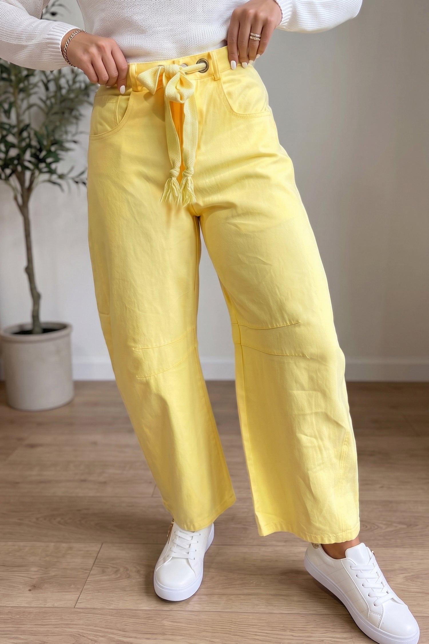 Solid Knot Grommet Detail Waist Barrel Jeans in Yellow