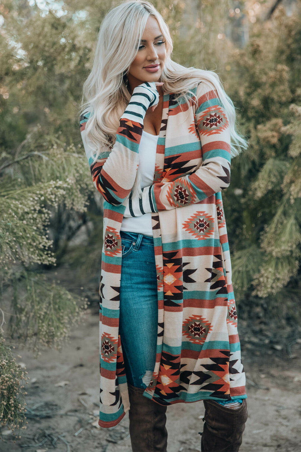 Long Cardigan for Women Geometric Block Open Front