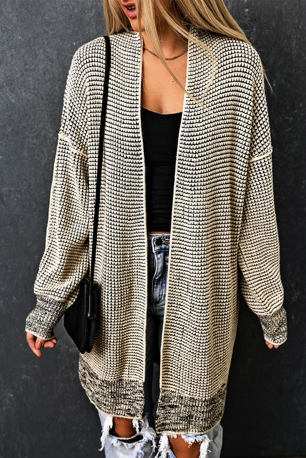 Cardigan for Women Plaid Knitted Long Open Front Apricot