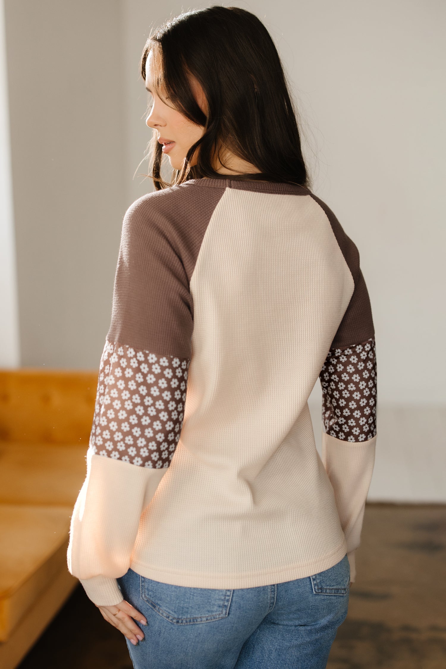 Floral-Print Patchwork Colorblock Long-Sleeved Top