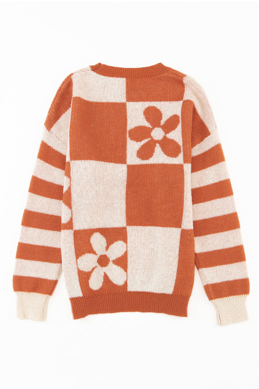 Women's Sweater Featuring Checked Floral-Print Print Striped