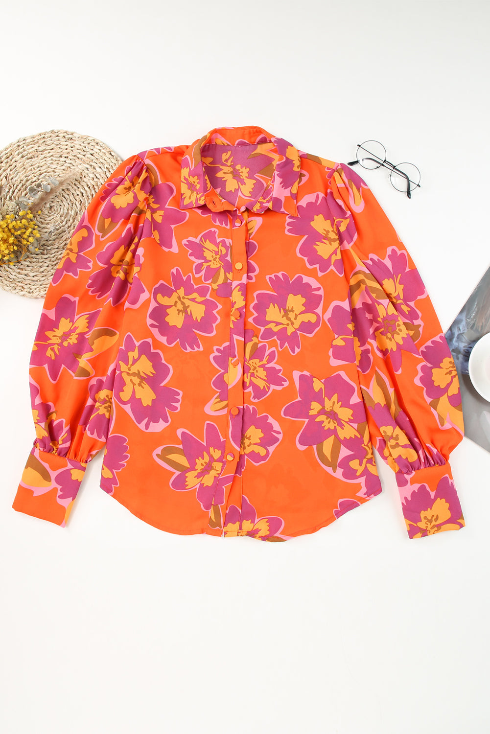 Lantern Sleeve Floral-Print Sleeve Shirt in Orange