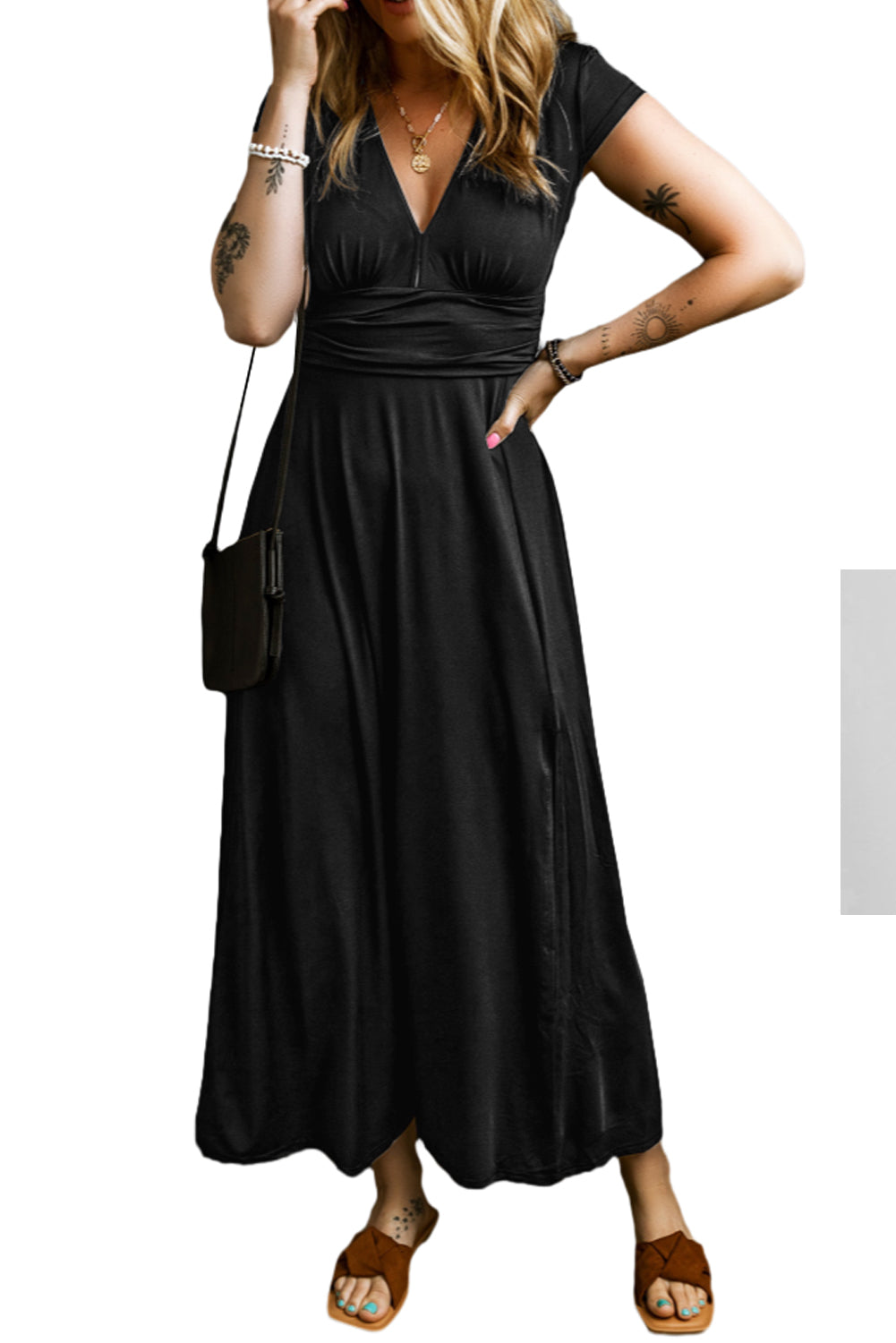 Women's Maxi Dress with Shirred High-Rise V Neck