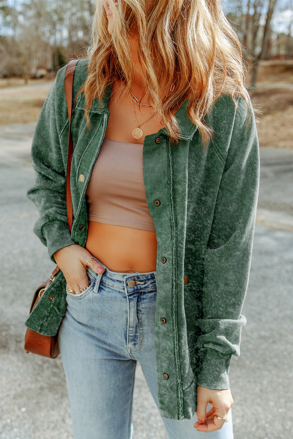 Women's Shacket Featuring Flap Pocket Button Green Vintage Washed