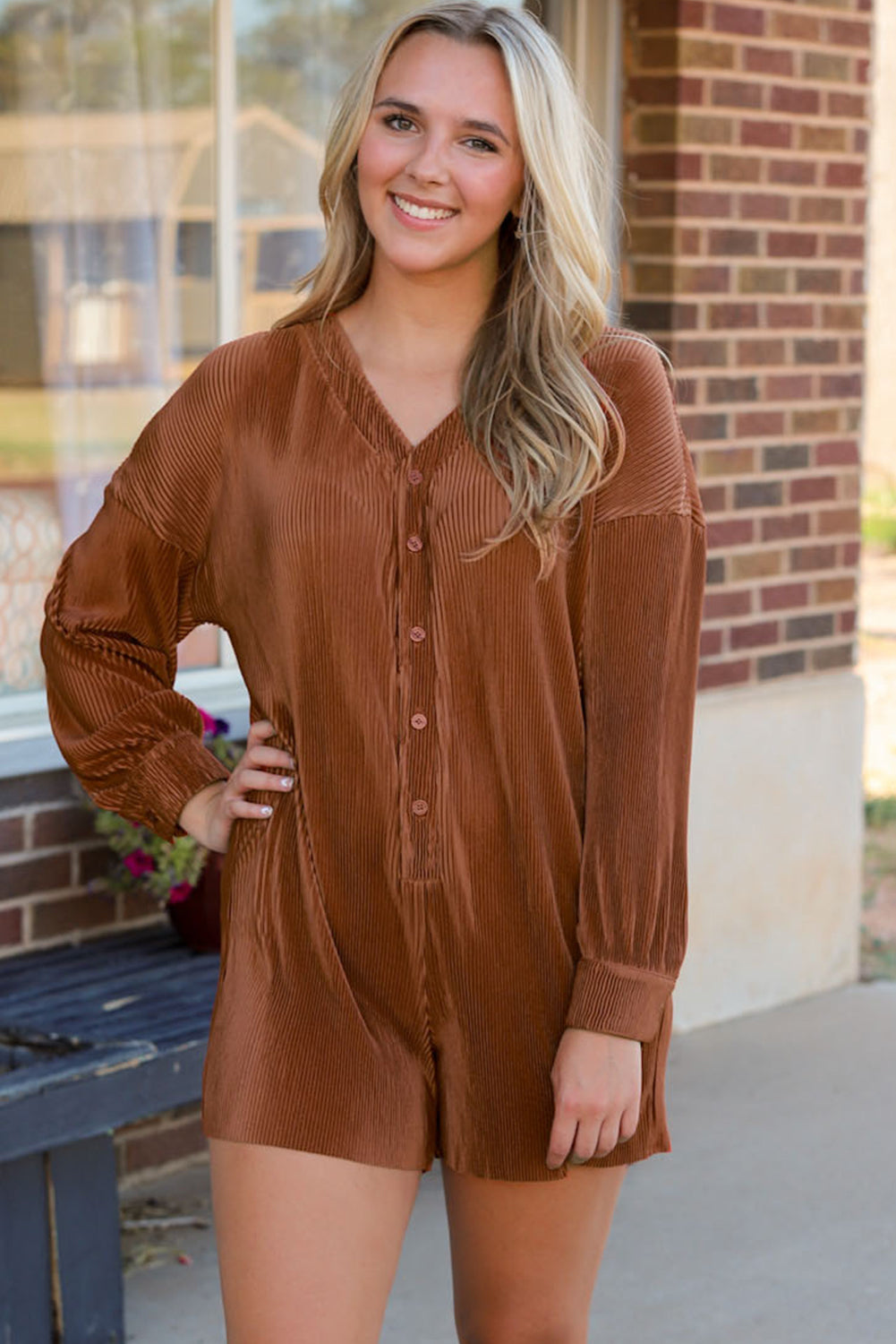 Romper for Women Rib-Knitted Long-Sleeve Button Front