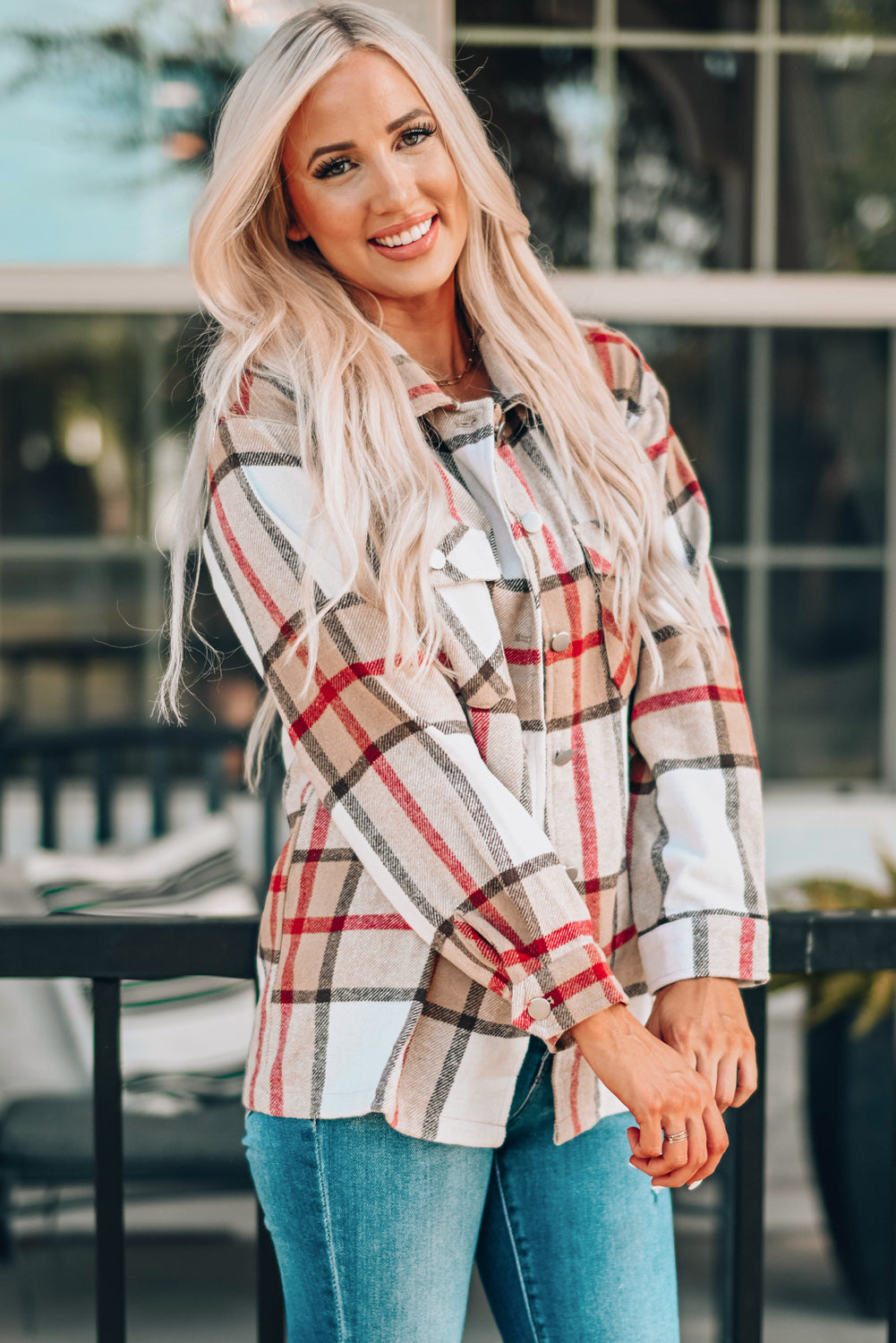 Women's Coat with Button-Front Shirt Plaid Print