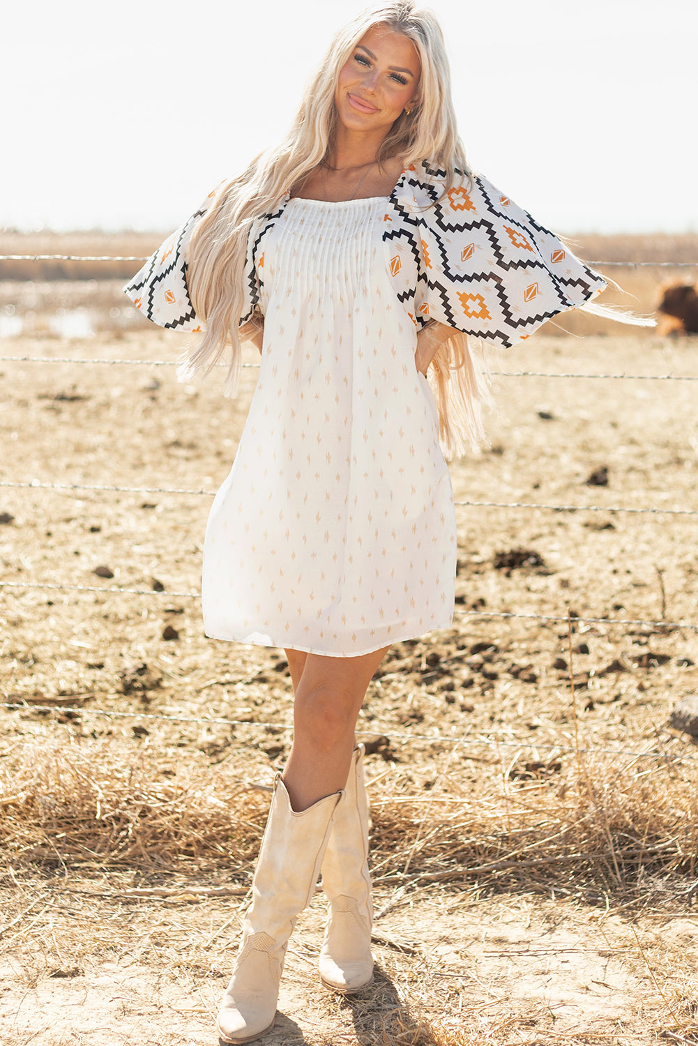 Beige Western Aztec Print Pleated Square Neck Mini Dress