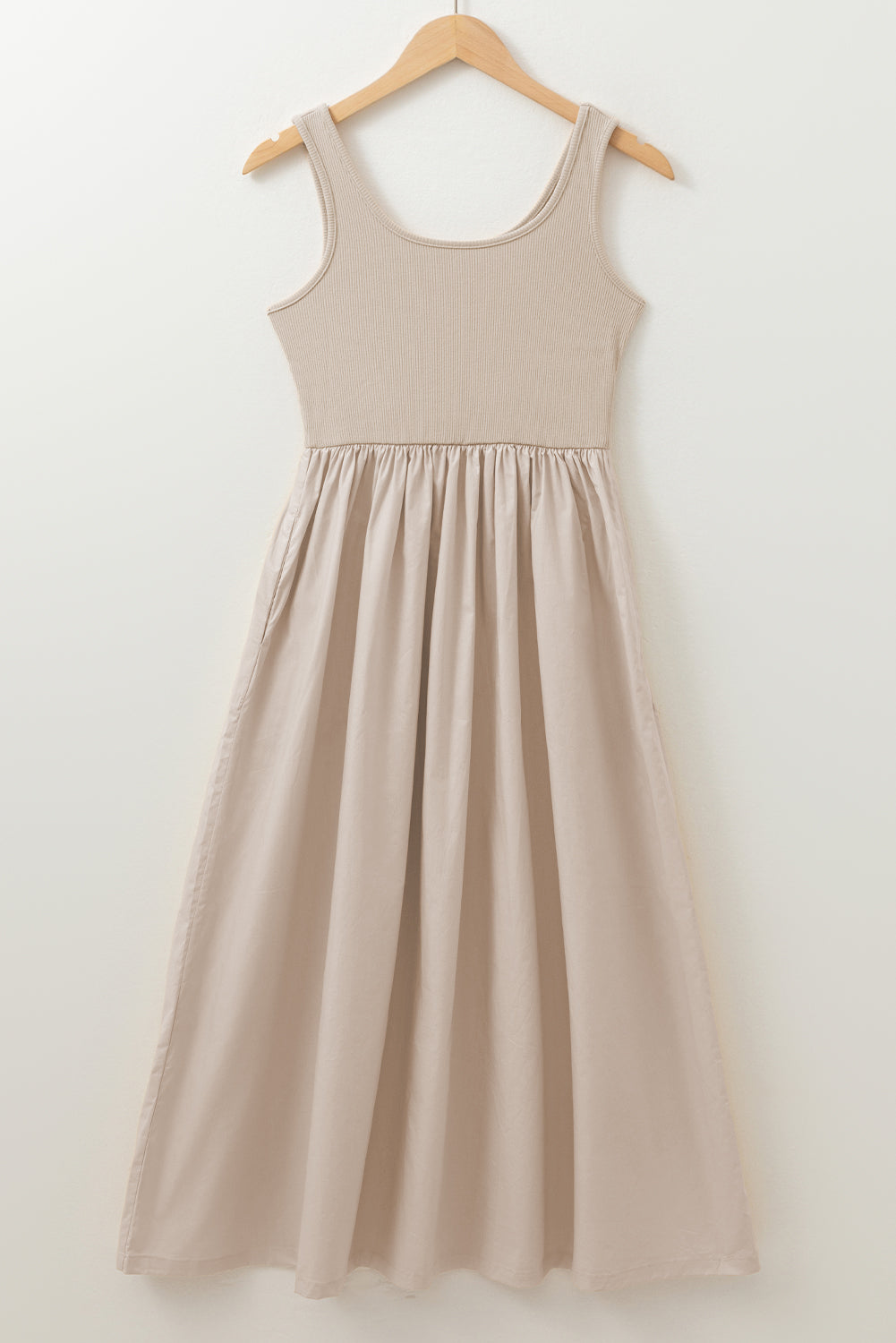 Scoop Neck Ribbed Bodice Pleated Sleeveless Long Dress