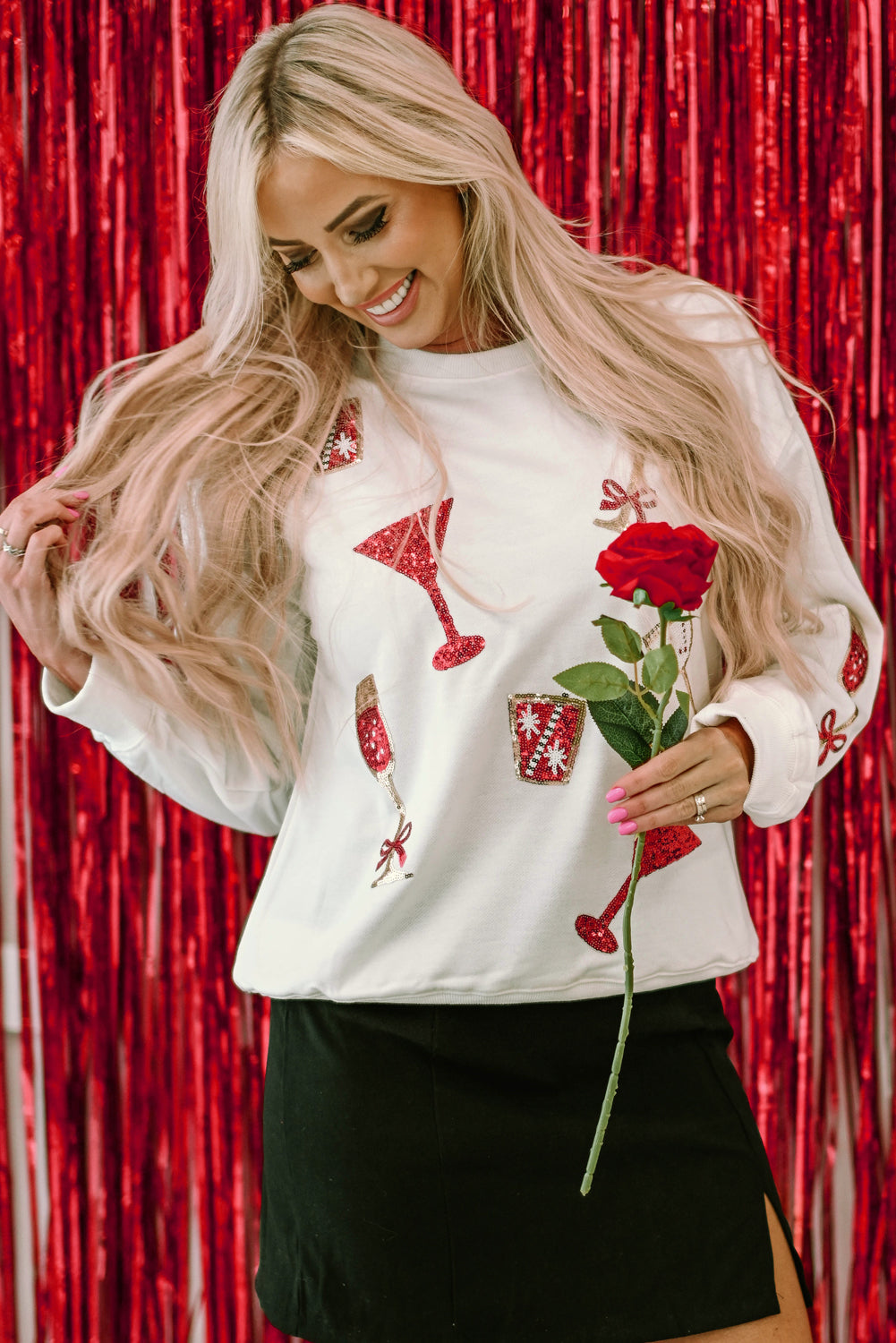 Sweatshirt for Women Wineglasses Sequin Cheers