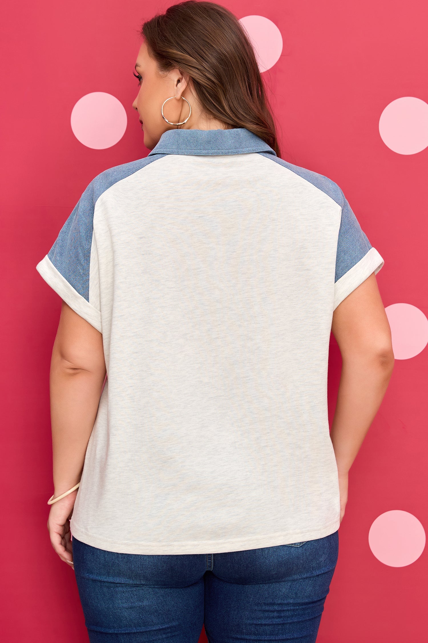 Plus Denim Size Contrast Patchwork Cuffed Sleeve Polo Tee in Beige