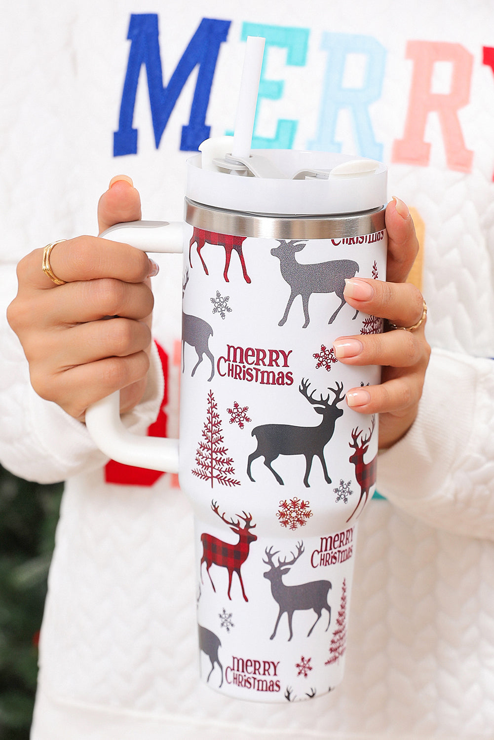 Merry Christmas Tree Snowflake Elk Print Handle Tumbler