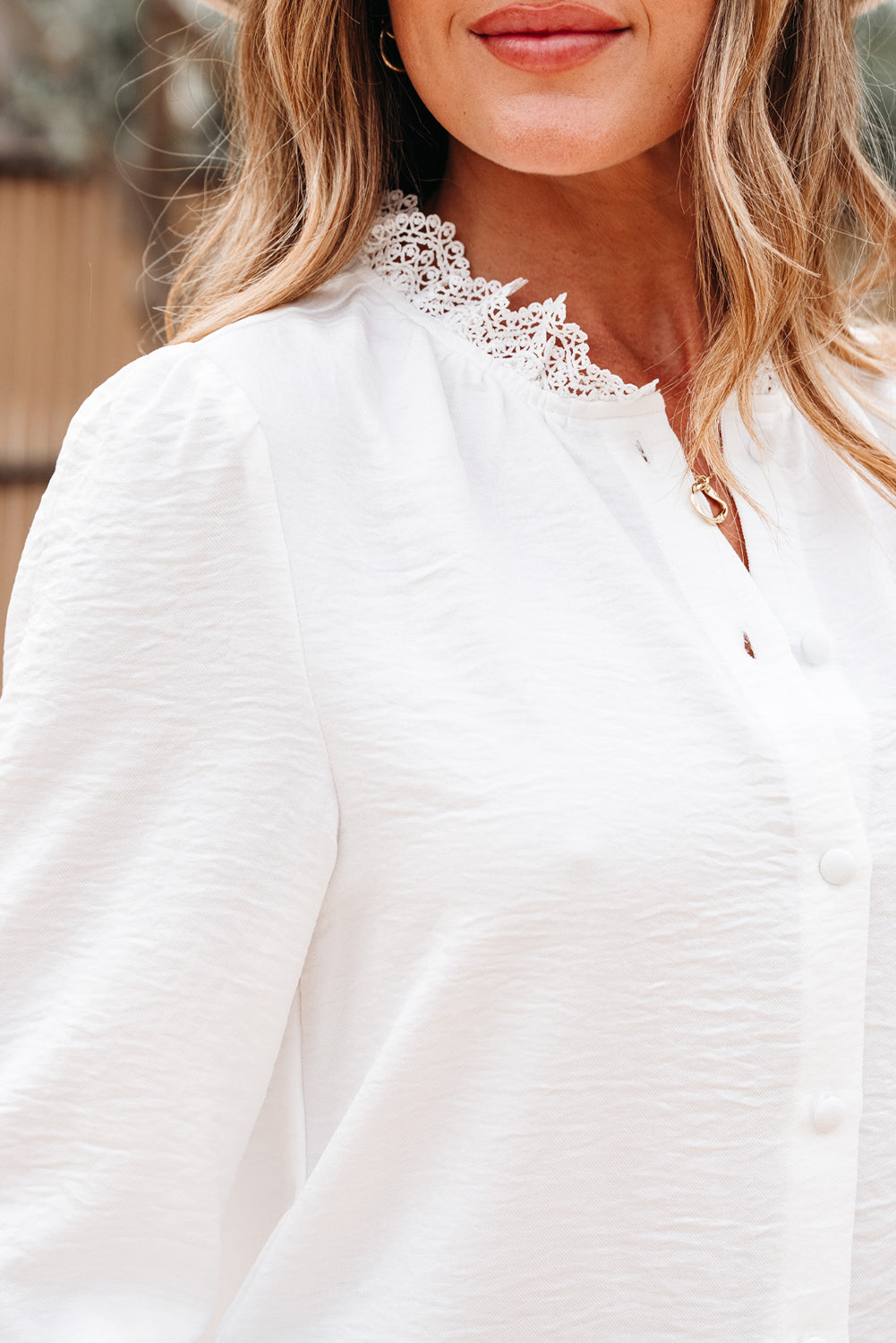 Lace Patchwork Button-Front Stand-Neck Loose Shirt
