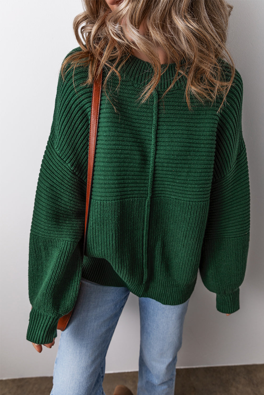 Textured Knit Crewneck Lantern Sleeve Sweater